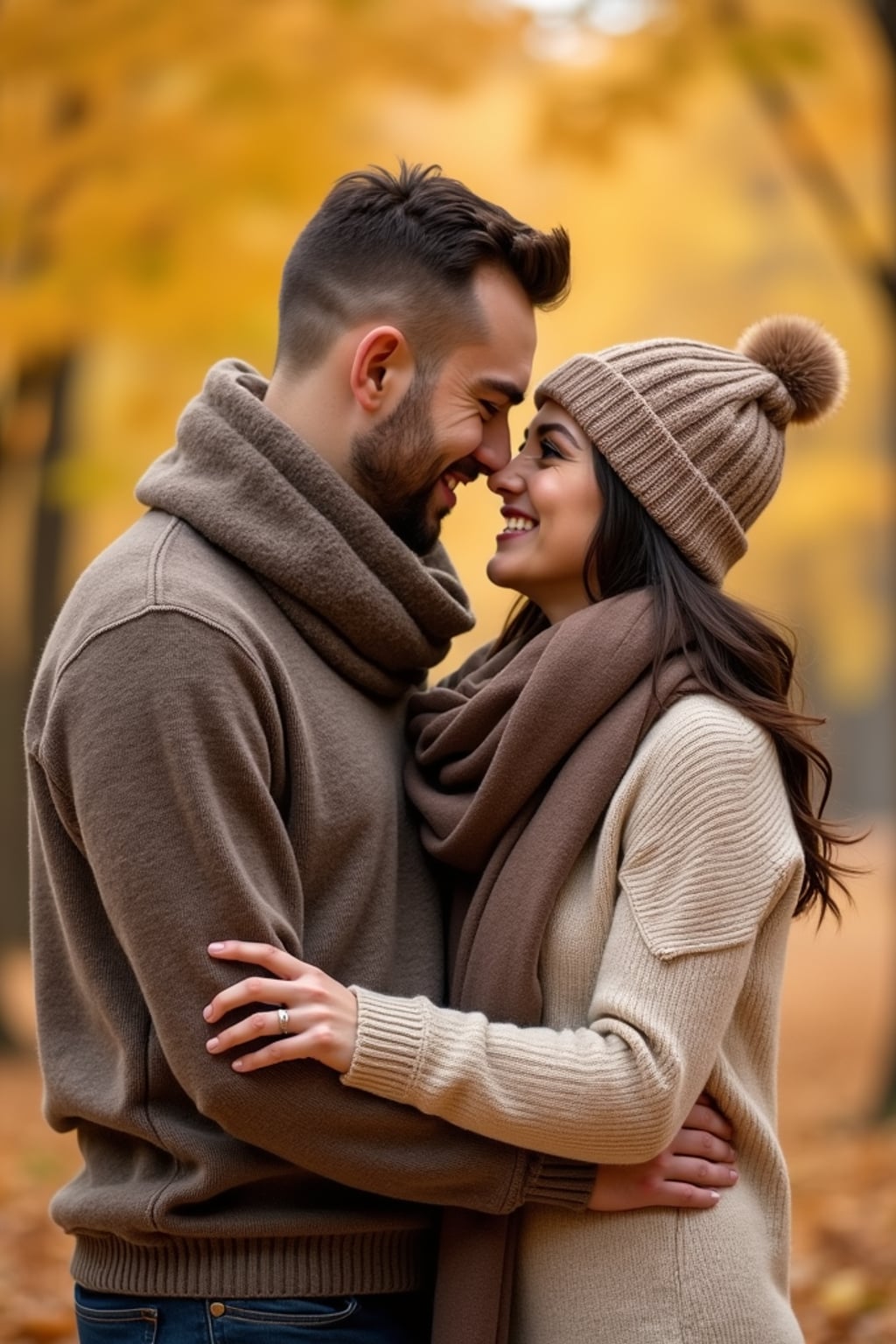 Autumn engagement photoshoot with cozy outfits. Wearing a stylish knit sweater and scarf  . Warm golden leaves in the background, soft bokeh effect.