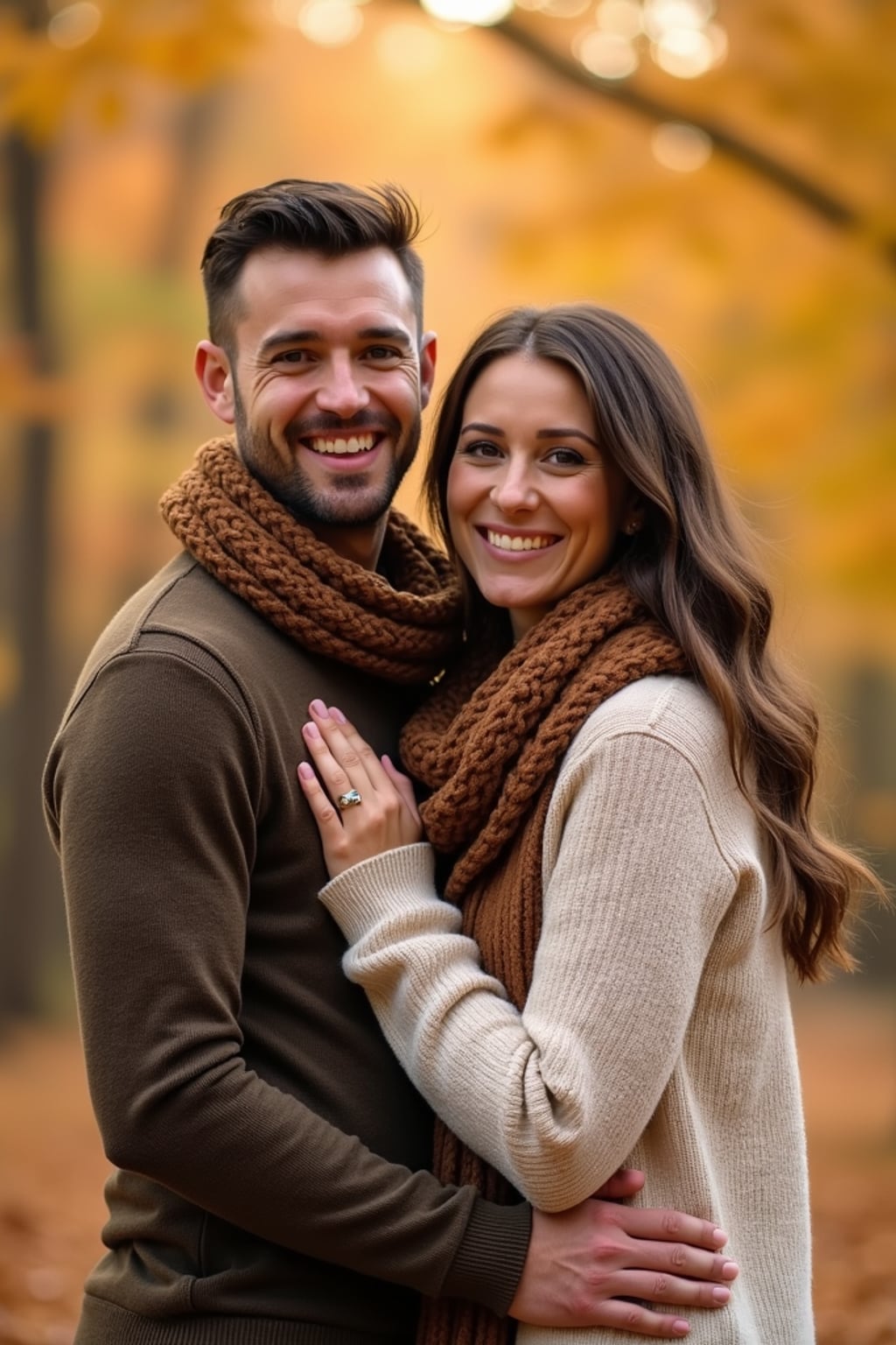 Autumn engagement photoshoot with cozy outfits. Wearing a stylish knit sweater and scarf  . Warm golden leaves in the background, soft bokeh effect.