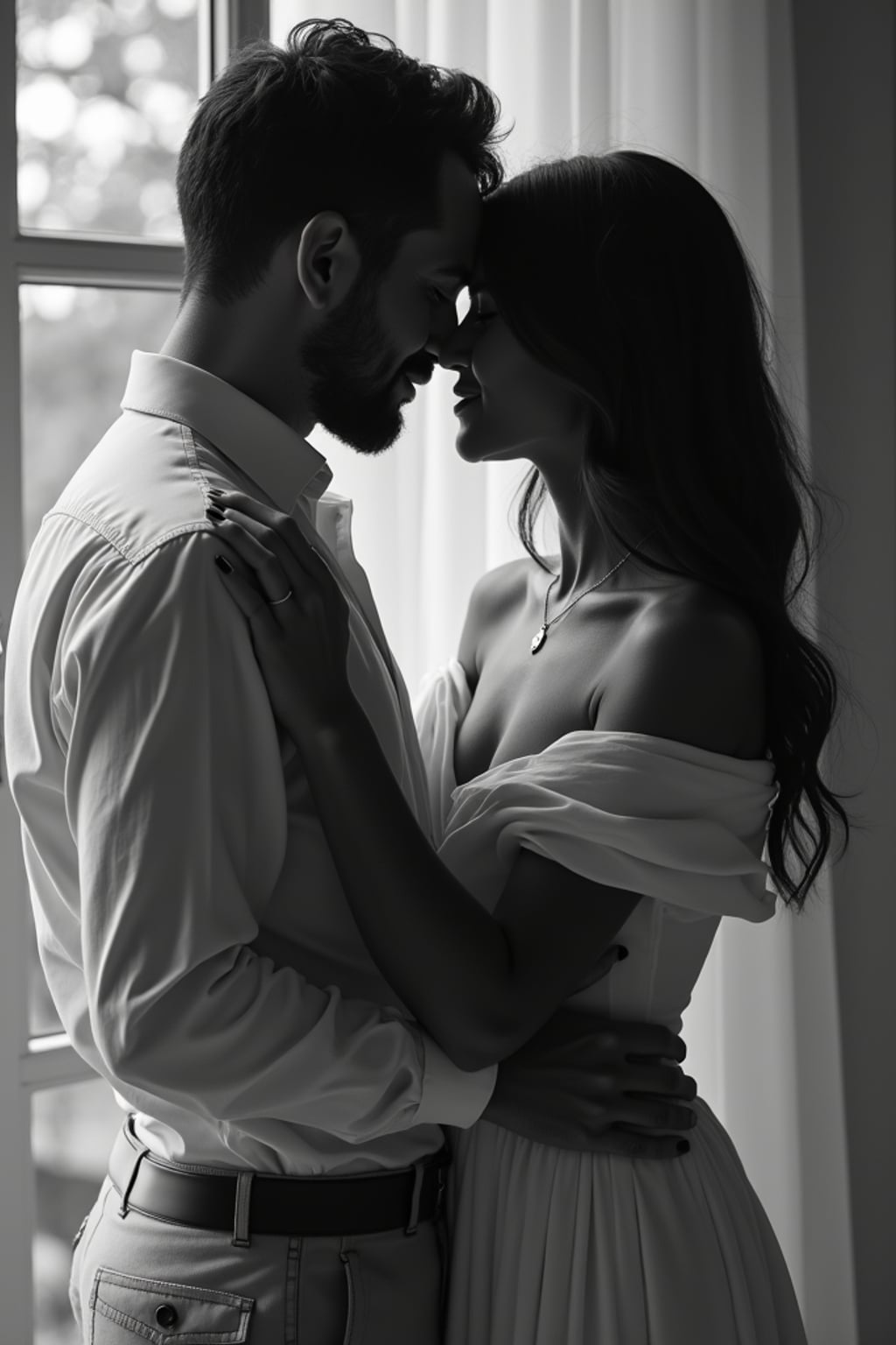 Romantic black and white engagement portrait. Wearing an elegant off-shoulder dress  . Timeless and cinematic.