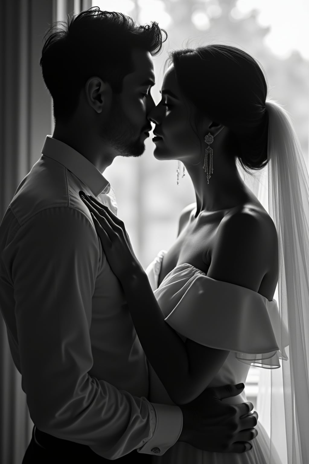 Romantic black and white engagement portrait. Wearing an elegant off-shoulder dress  . Timeless and cinematic.