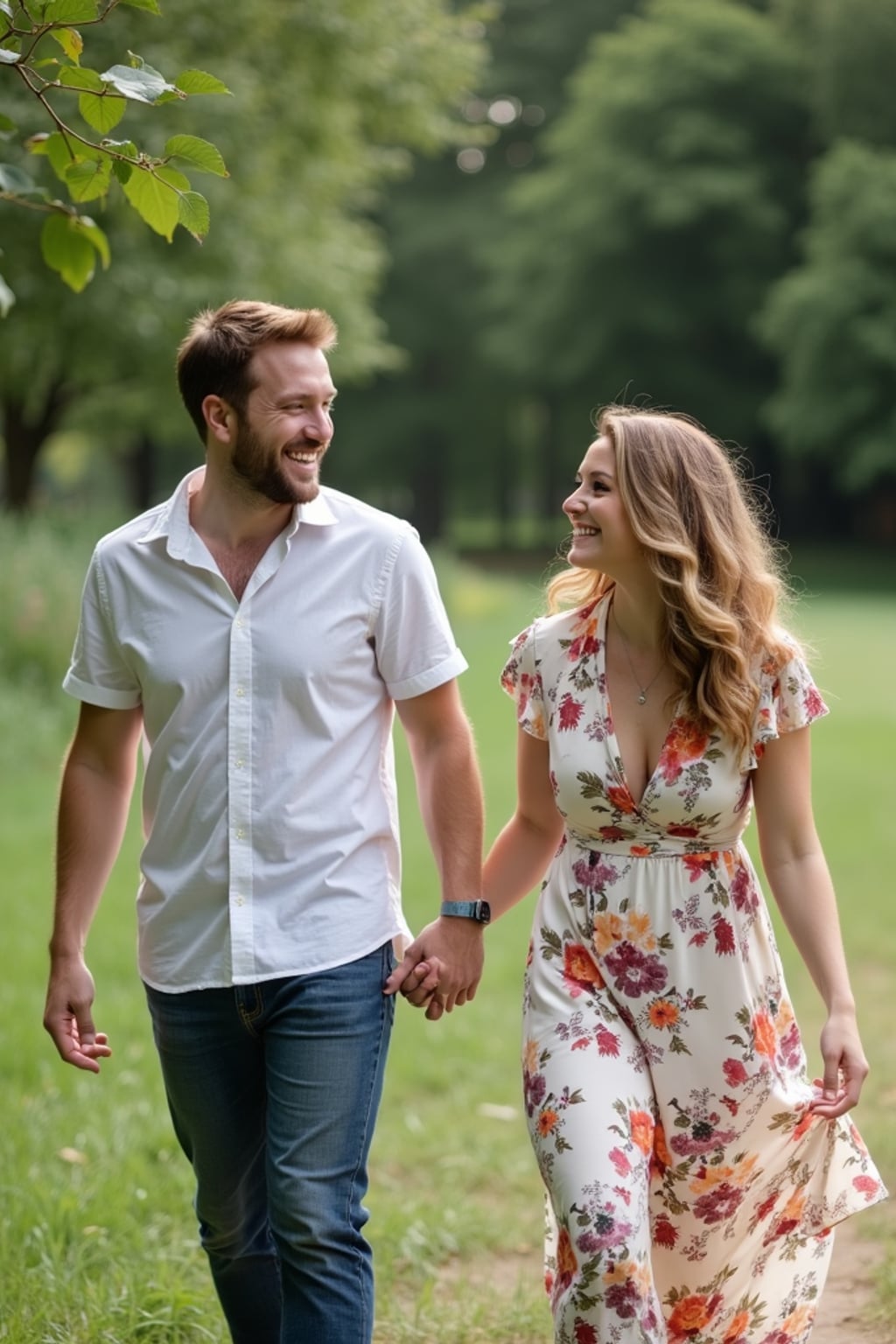 Candid engagement moment in a scenic park. Wearing a floral dress, soft curls in hair  . Laughing, walking hand in hand, surrounded by greenery.