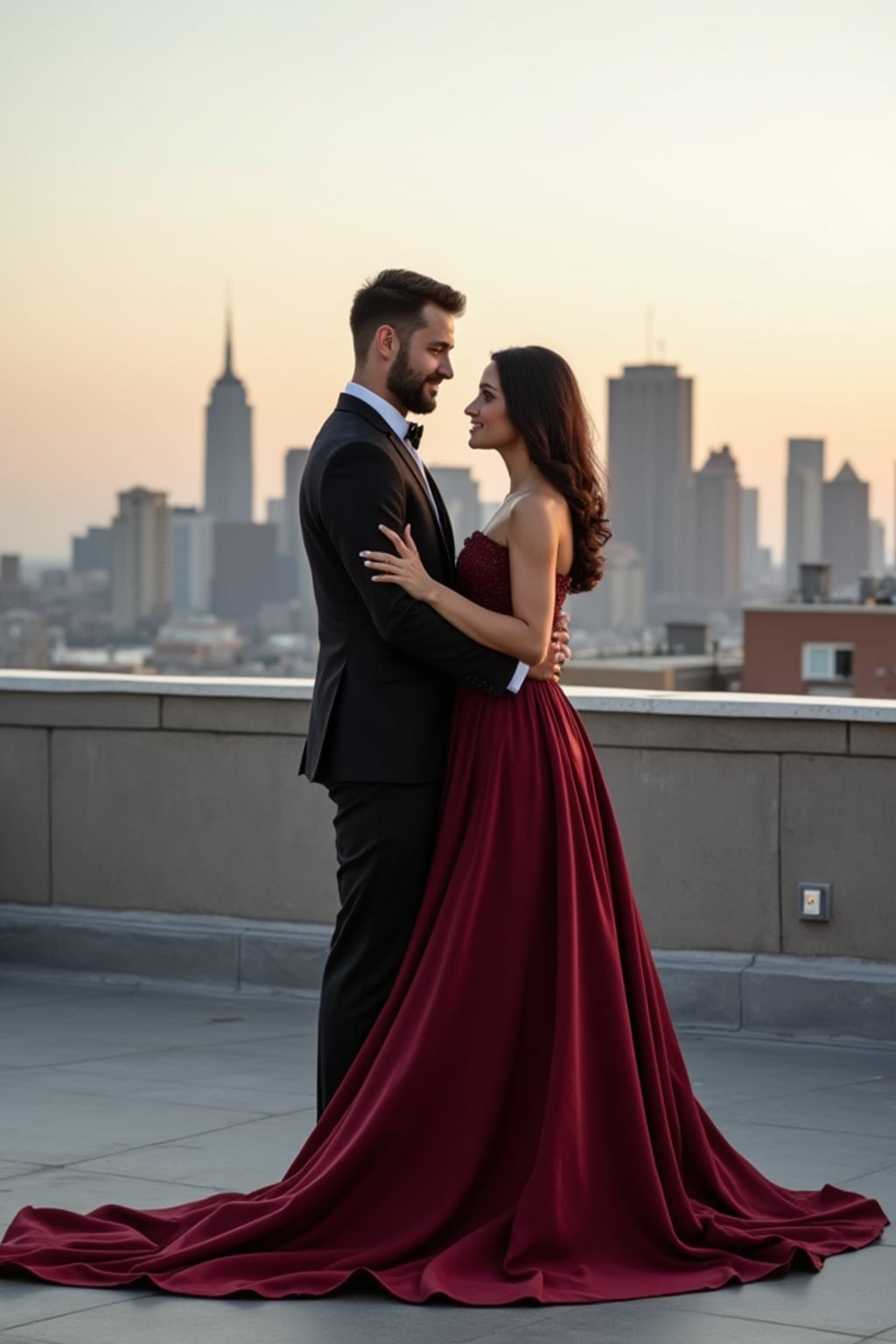 Luxury engagement photoshoot in a cityscape. Wearing a classy evening gown  . Standing on a rooftop with a skyline view, high-end engagement photography.