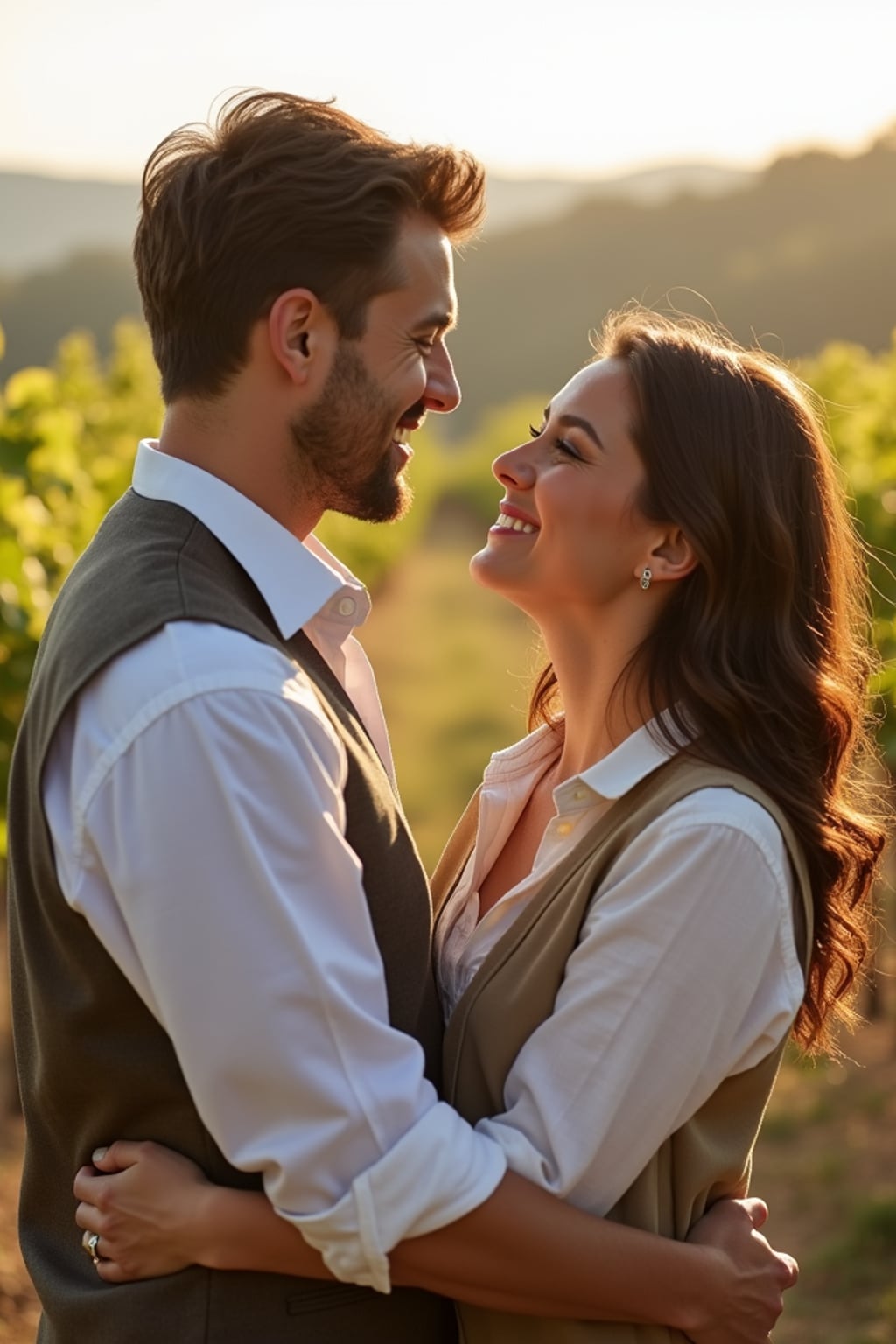 Engagement photoshoot at a vineyard or countryside.  Wearing a casual linen shirt and vest . Warm sunlight, scenic vineyard background.