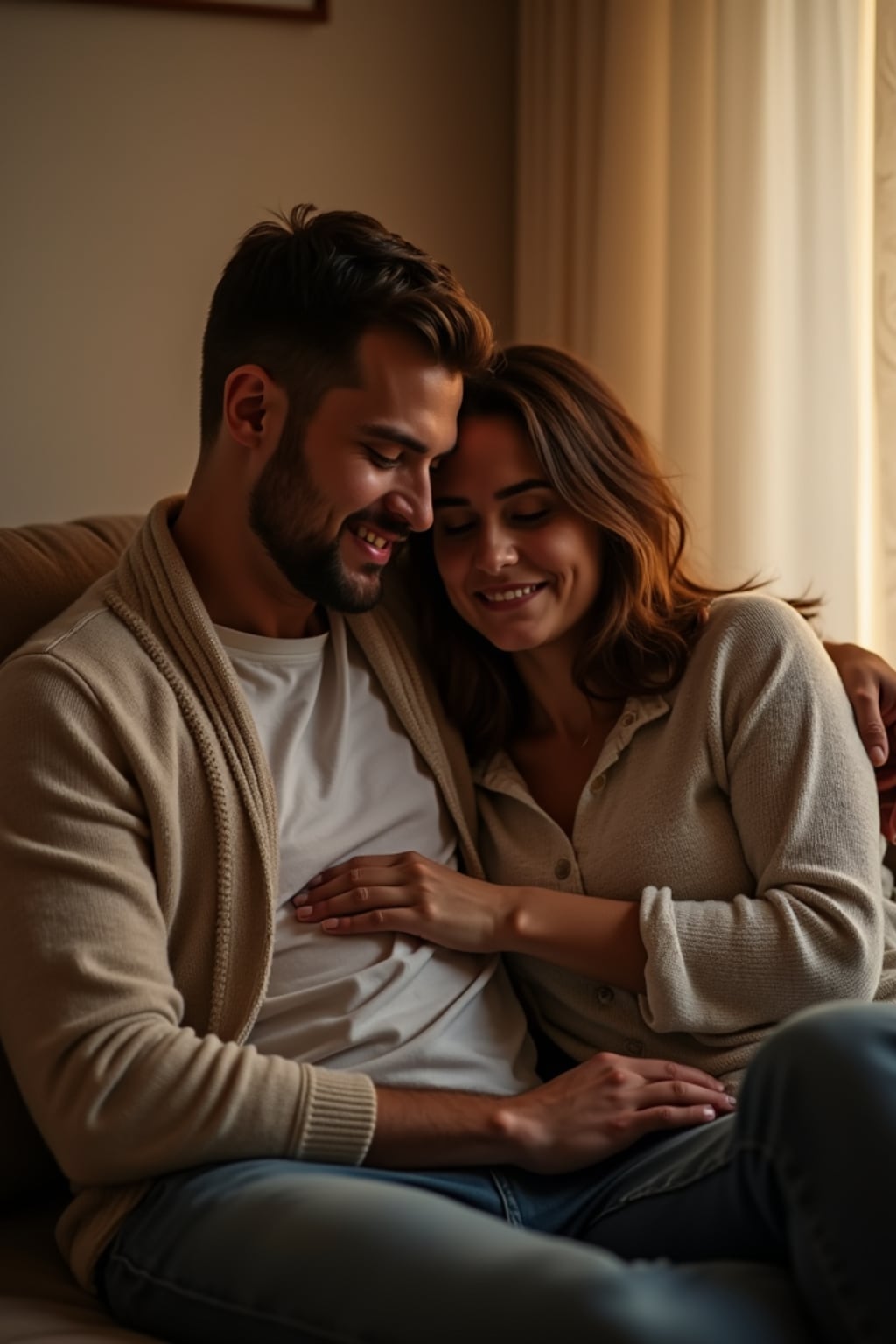 Cozy and intimate engagement photoshoot at home.  Wearing a relaxed casual outfit . Cuddling on the couch, warm and intimate lighting.
