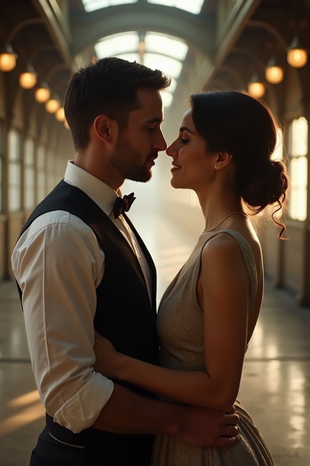 Cinematic engagement shoot at a vintage train station.  Wearing a classic vest and bowtie . Classic romance movie aesthetic.