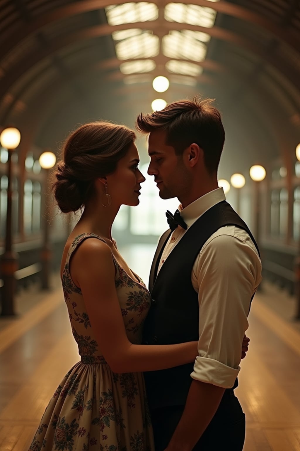 Cinematic engagement shoot at a vintage train station.  Wearing a classic vest and bowtie . Classic romance movie aesthetic.