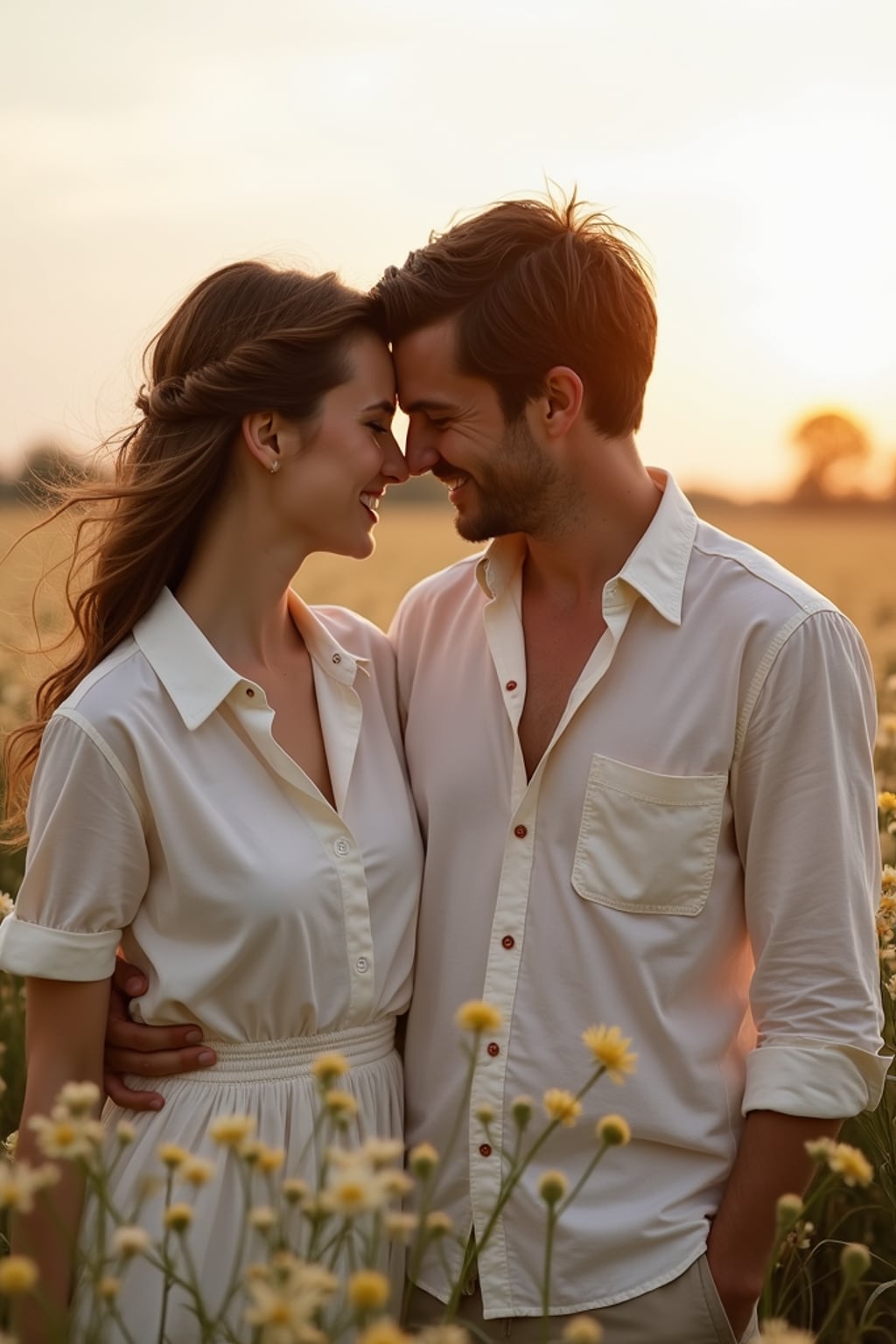 Whimsical engagement shoot in a field of flowers.  Wearing a relaxed button-up shirt . Romantic and dreamy setting.