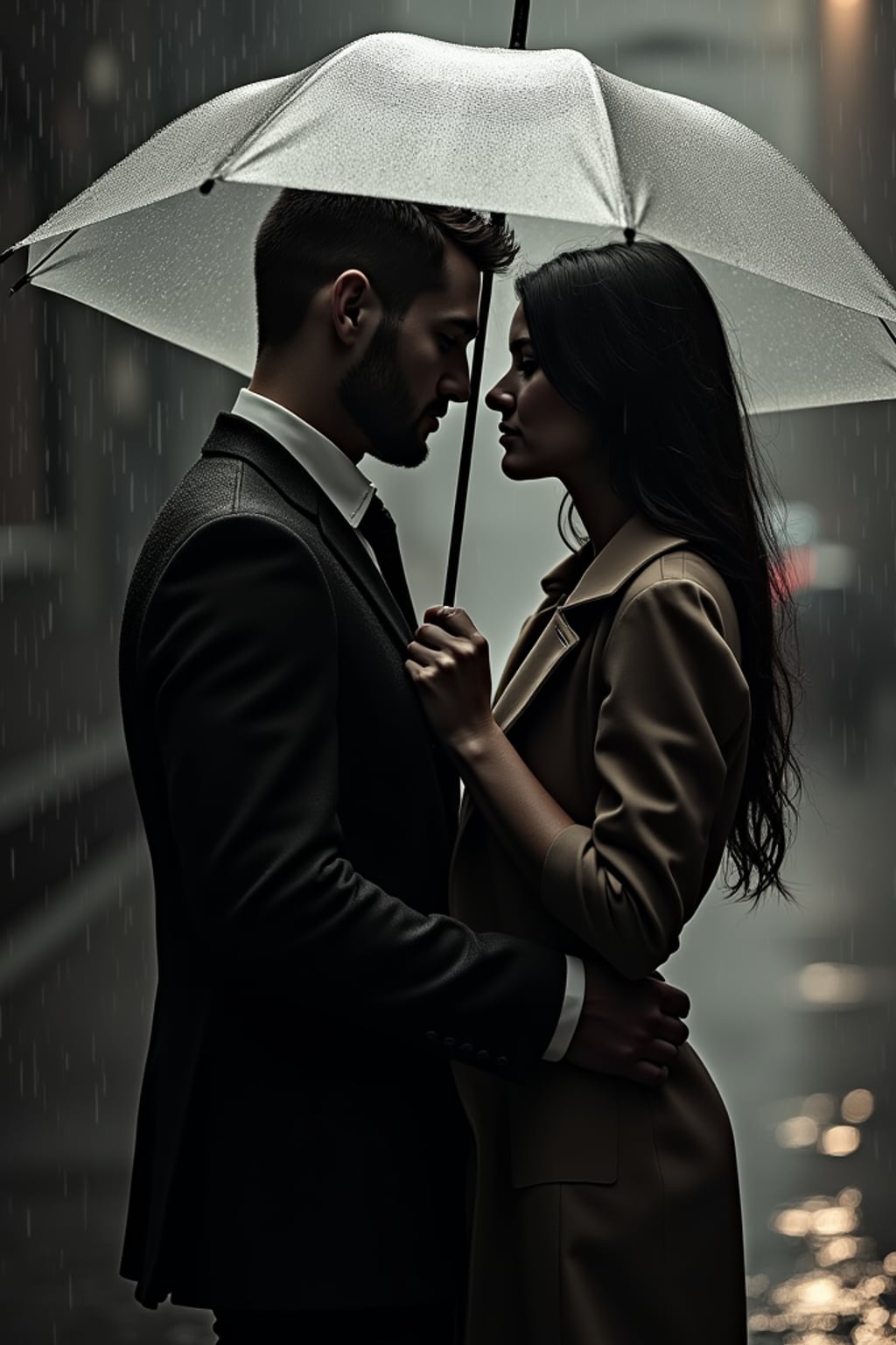 Dramatic engagement shoot in the rain.  Wearing a sharp trench coat and suit . Holding an umbrella, deep romantic gazes, moody lighting.