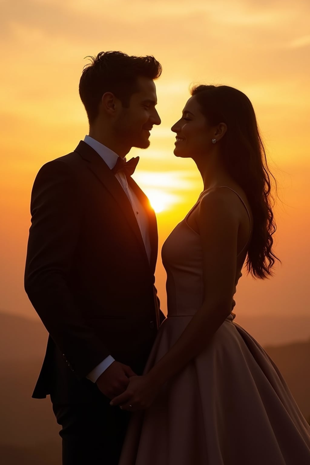 Romantic pre-wedding photoshoot at golden hour.  Wearing a stylish suit . Holding hands, looking into each other’s eyes, dreamy sunset background.