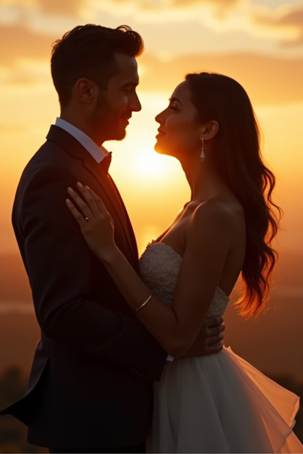 Romantic pre-wedding photoshoot at golden hour.  Wearing a stylish suit . Holding hands, looking into each other’s eyes, dreamy sunset background.