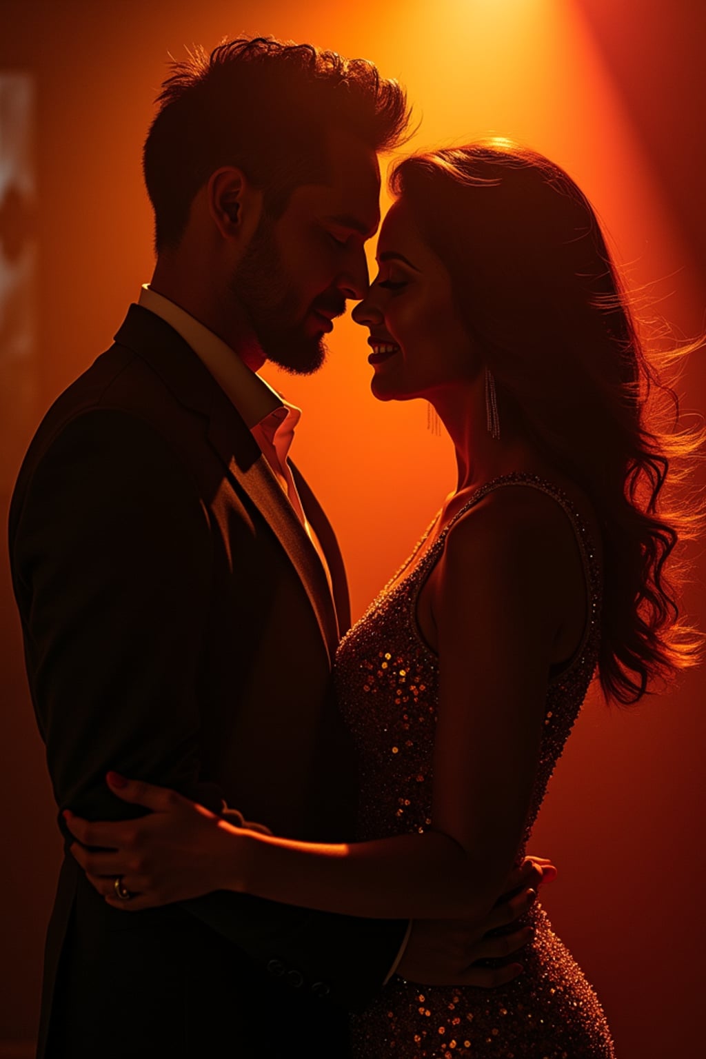 Glamorous engagement photoshoot with dramatic lighting. Wearing a sequin-styled dress, high-fashion hair and makeup  . Hollywood-style, luxury aesthetic.