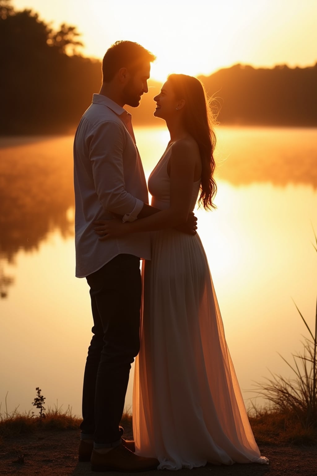 Sunset engagement shoot by a lake. Wearing a flowy maxi dress  . Water reflecting golden hues, serene and romantic atmosphere.
