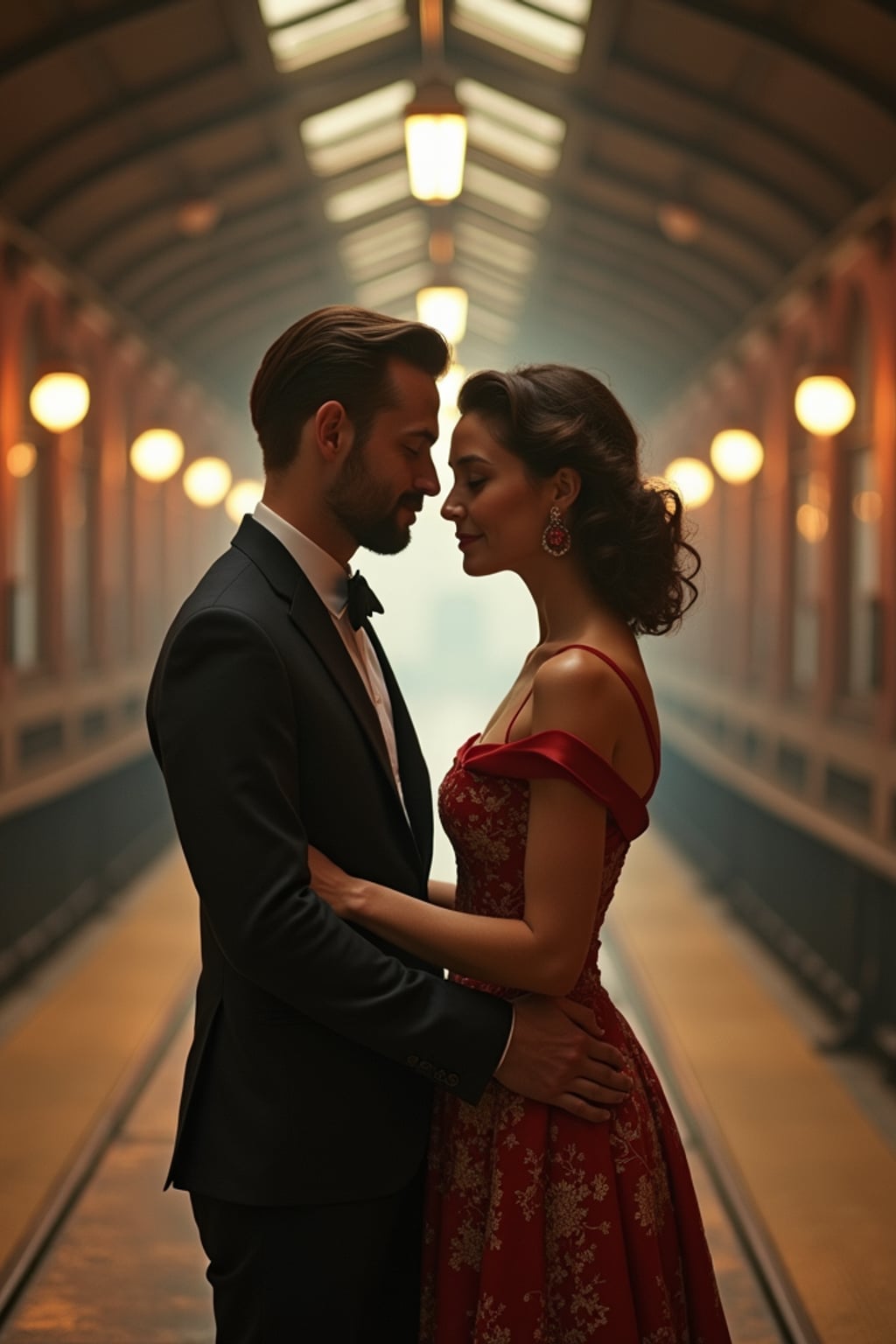 Cinematic engagement shoot at a vintage train station. Wearing a stylish 1950s-inspired dress  . Classic romance movie aesthetic.