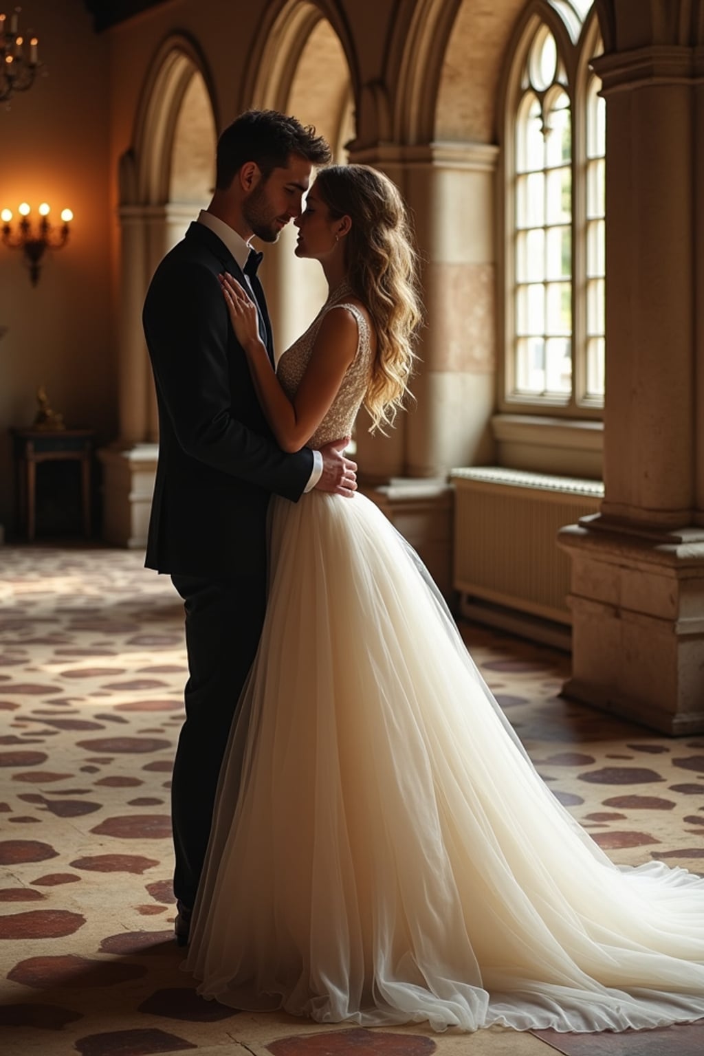 Fairytale-inspired engagement shoot in a castle setting. Wearing an elegant princess-like gown  . Romantic and regal ambiance.