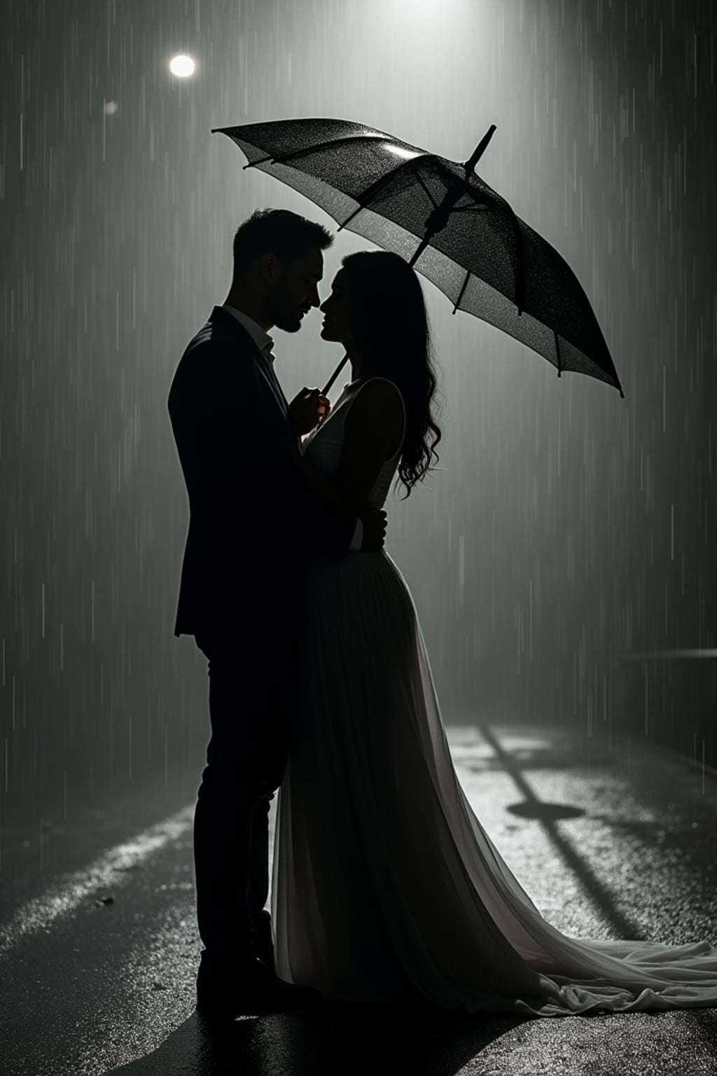 Dramatic engagement shoot in the rain. Wearing a sleek, long dress  . Holding an umbrella, deep romantic gazes, moody lighting.