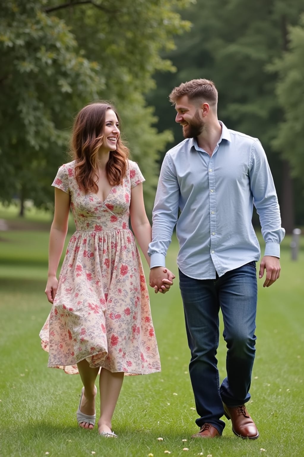 Candid engagement moment in a scenic park. Wearing a floral dress, soft curls in hair  . Laughing, walking hand in hand, surrounded by greenery.
