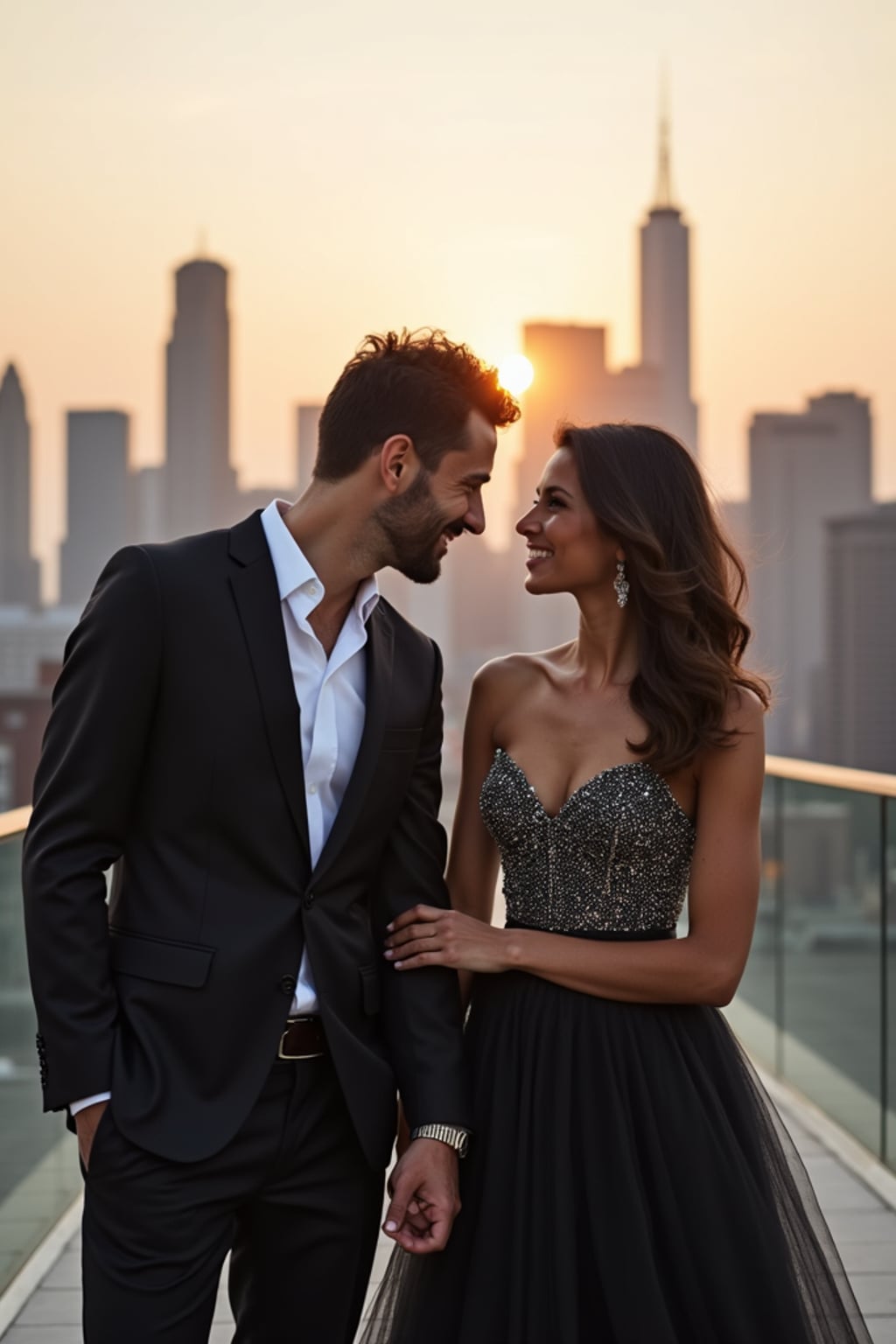 Luxury engagement photoshoot in a cityscape. Wearing a classy evening gown  . Standing on a rooftop with a skyline view, high-end engagement photography.