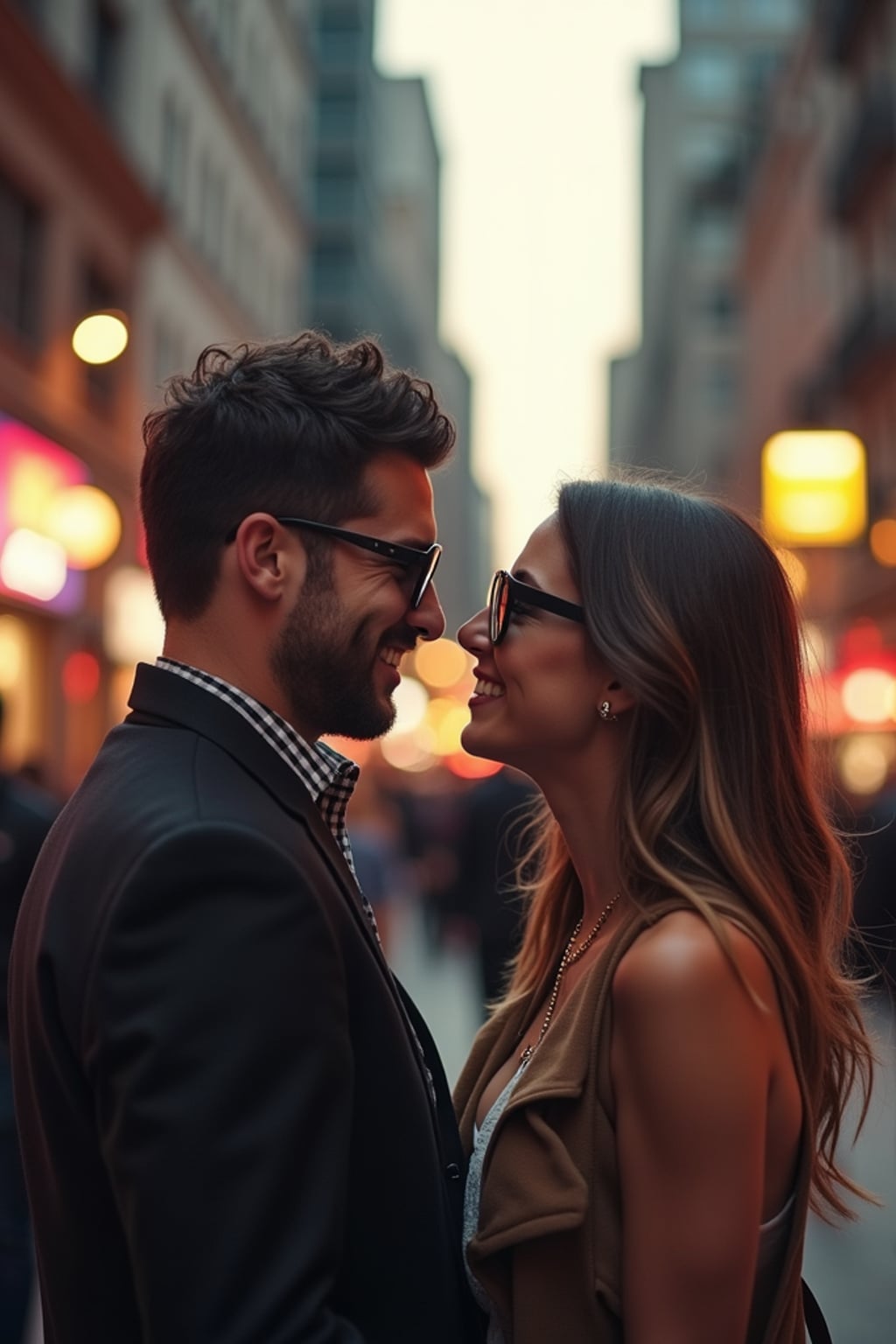 Engagement photoshoot in the middle of a lively city street. Wearing a trendy urban outfit, stylish sunglasses  . Cinematic street photography, blurred city lights.