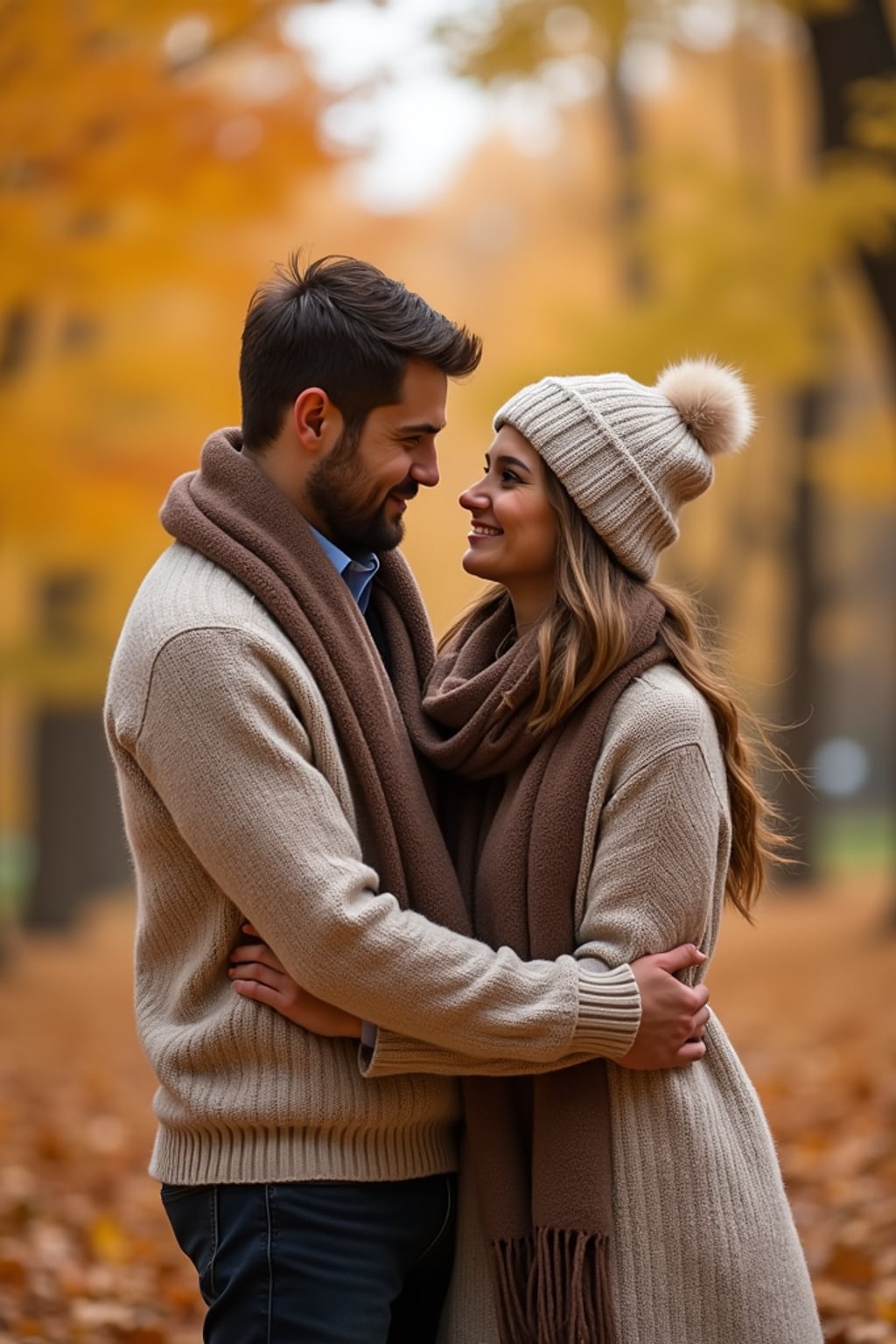 Autumn engagement photoshoot with cozy outfits. Wearing a stylish knit sweater and scarf  . Warm golden leaves in the background, soft bokeh effect.