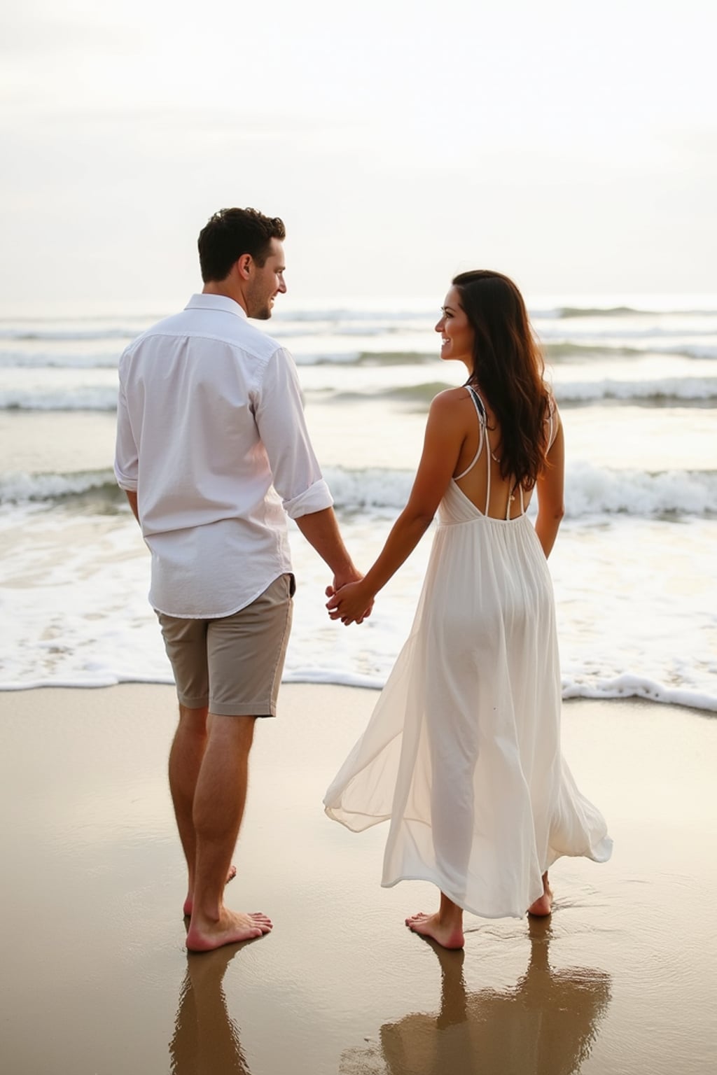 Beachside engagement photoshoot, natural and relaxed. Wearing a breezy sundress, barefoot on the sand  . Holding hands by the water, soft waves in the background.