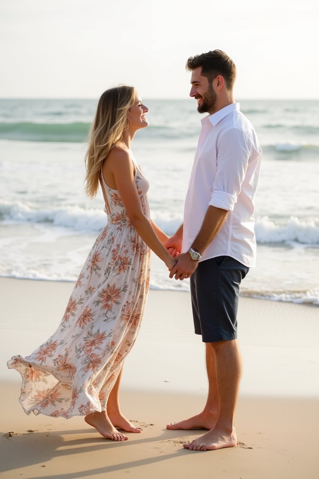 Beachside engagement photoshoot, natural and relaxed. Wearing a breezy sundress, barefoot on the sand  . Holding hands by the water, soft waves in the background.