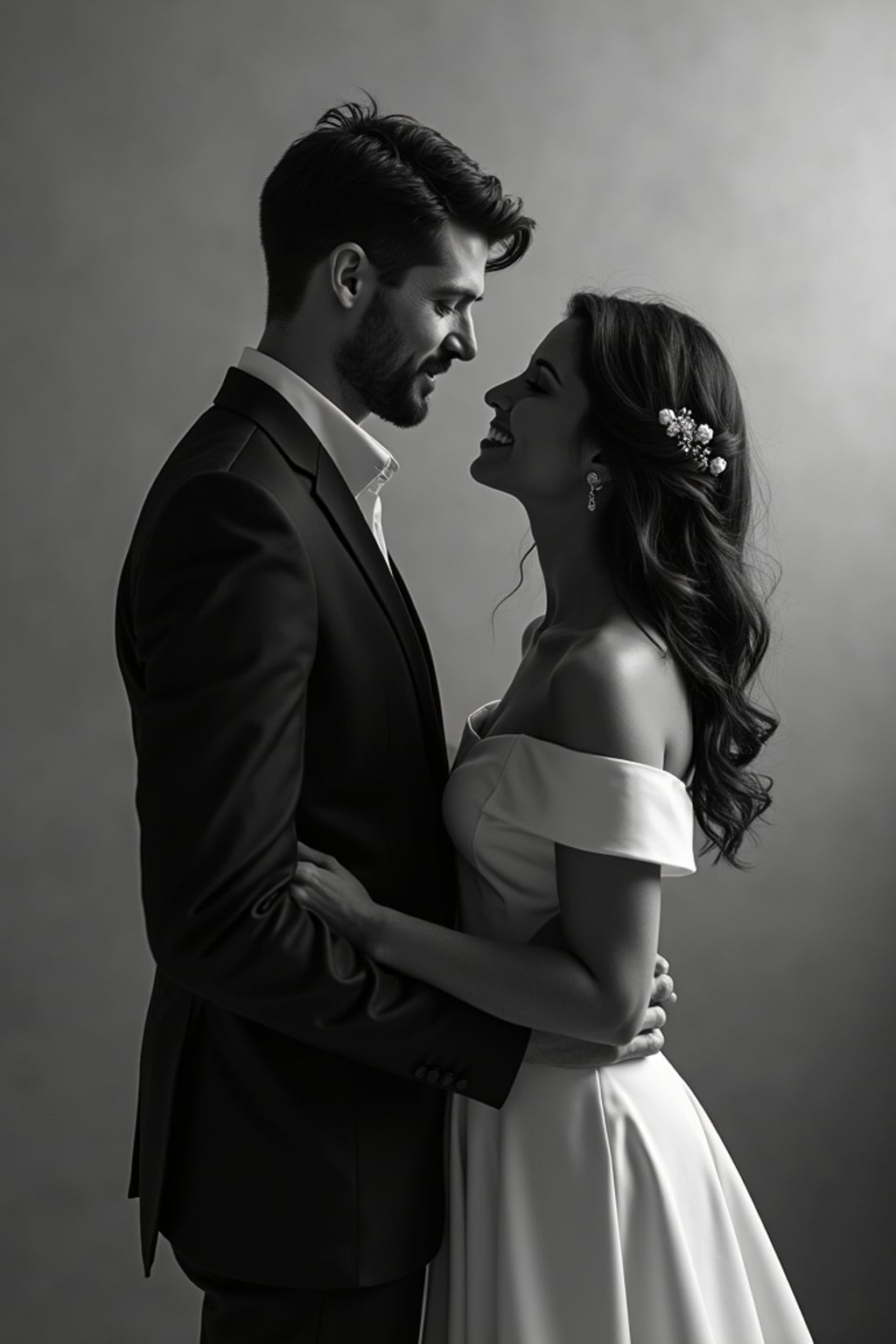 Romantic black and white engagement portrait. Wearing an elegant off-shoulder dress  . Timeless and cinematic.