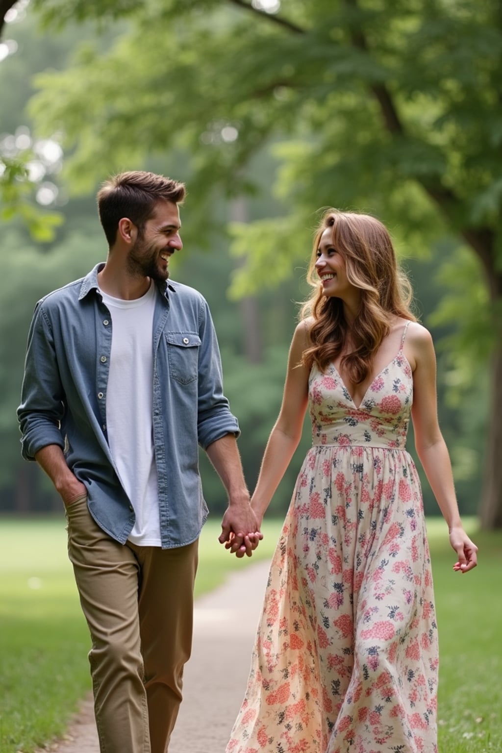 Candid engagement moment in a scenic park. Wearing a floral dress, soft curls in hair  . Laughing, walking hand in hand, surrounded by greenery.