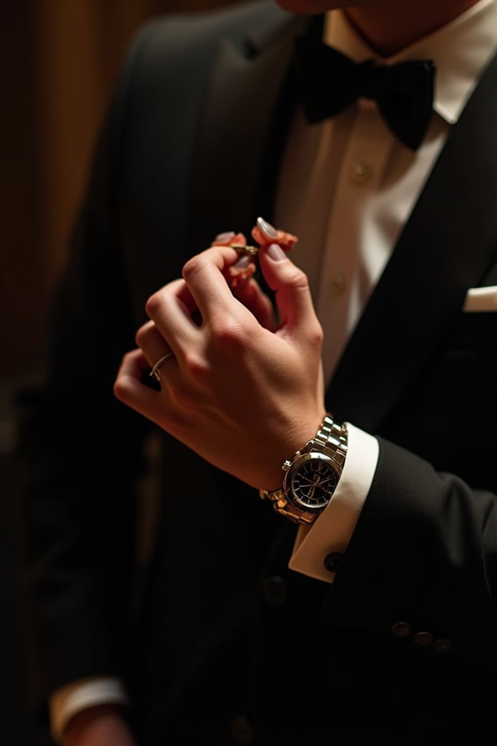 Glamorous engagement photoshoot with dramatic lighting.  Wearing a tuxedo with a stylish watch . Hollywood-style, luxury aesthetic.