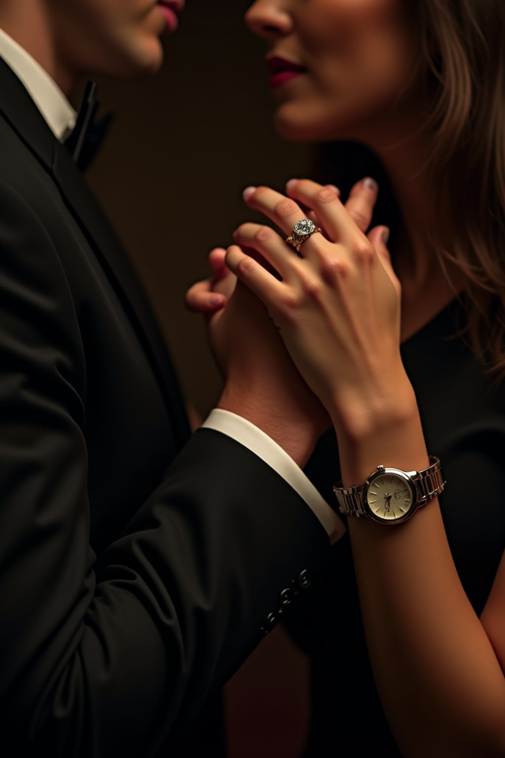 Glamorous engagement photoshoot with dramatic lighting.  Wearing a tuxedo with a stylish watch . Hollywood-style, luxury aesthetic.