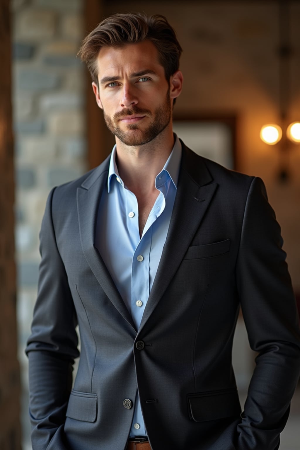confident masculine  man dressed in smart-casual attire, ready for a dinner date