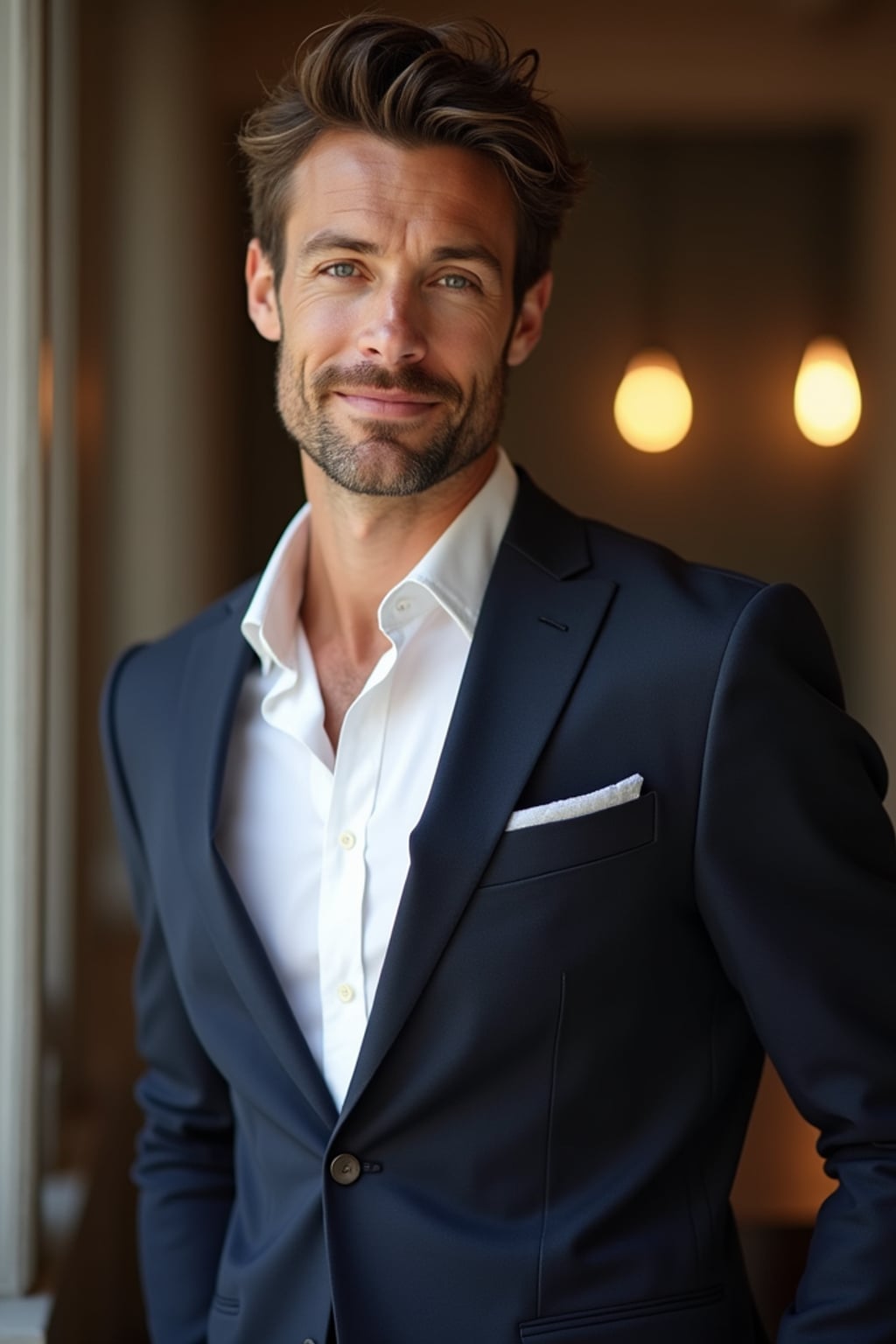 confident masculine  man dressed in smart-casual attire, ready for a dinner date