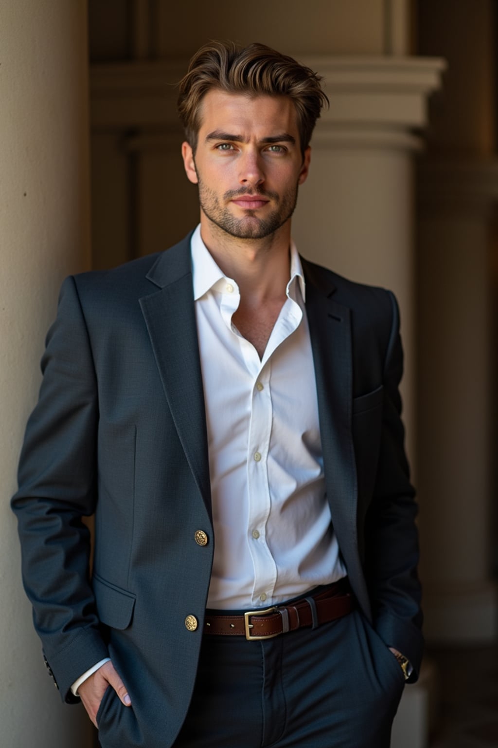 confident masculine  man dressed in smart-casual attire, ready for a dinner date