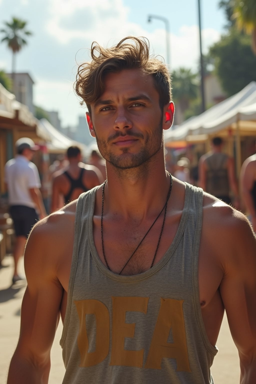 adventurous masculine  man exploring a local street festival or art fair