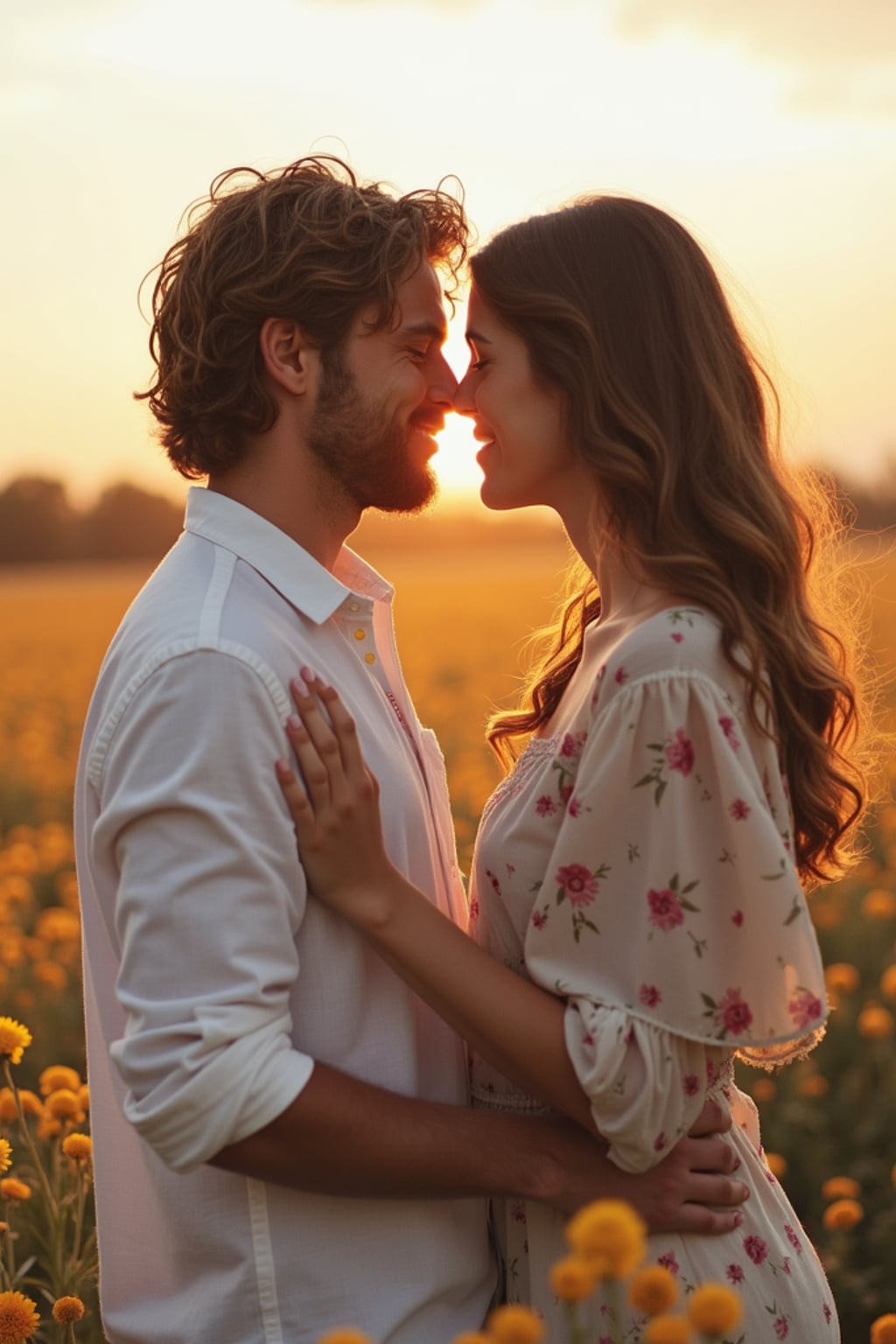 Whimsical engagement shoot in a field of flowers.  Wearing a relaxed button-up shirt . Romantic and dreamy setting.