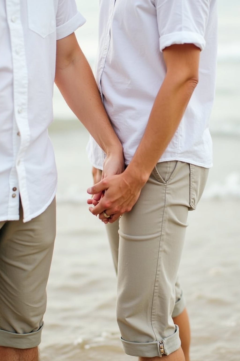Beachside engagement photoshoot, natural and relaxed.  Wearing rolled-up linen pants and a white button-up shirt . Holding hands by the water, soft waves in the background.