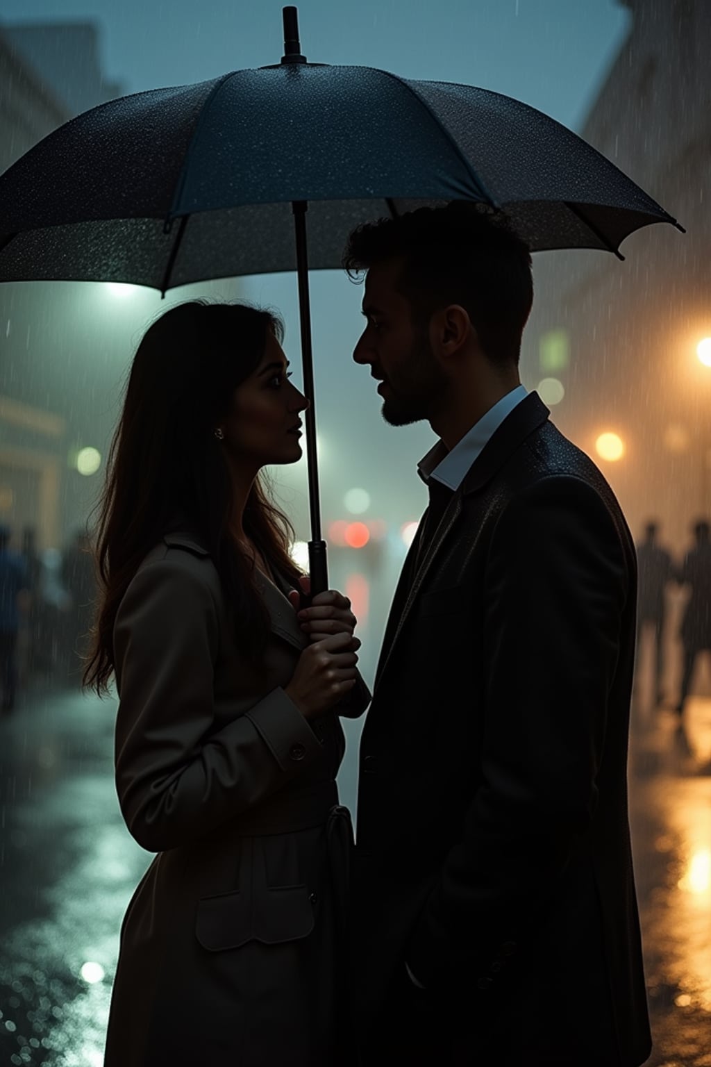 Dramatic engagement shoot in the rain.  Wearing a sharp trench coat and suit . Holding an umbrella, deep romantic gazes, moody lighting.