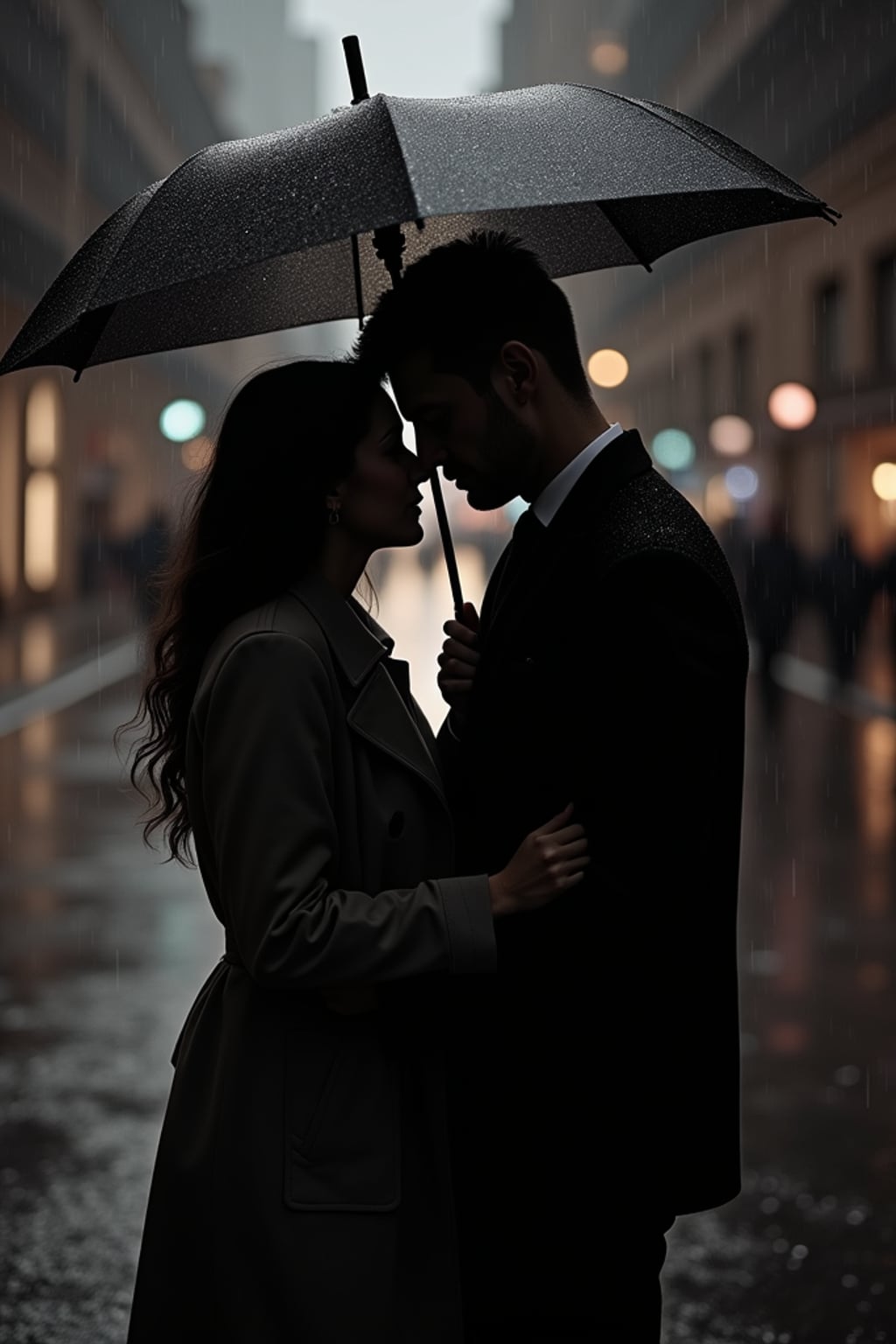 Dramatic engagement shoot in the rain.  Wearing a sharp trench coat and suit . Holding an umbrella, deep romantic gazes, moody lighting.