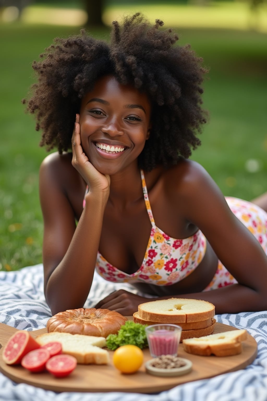 playful  feminine woman having a picnic in a sunny park with friends