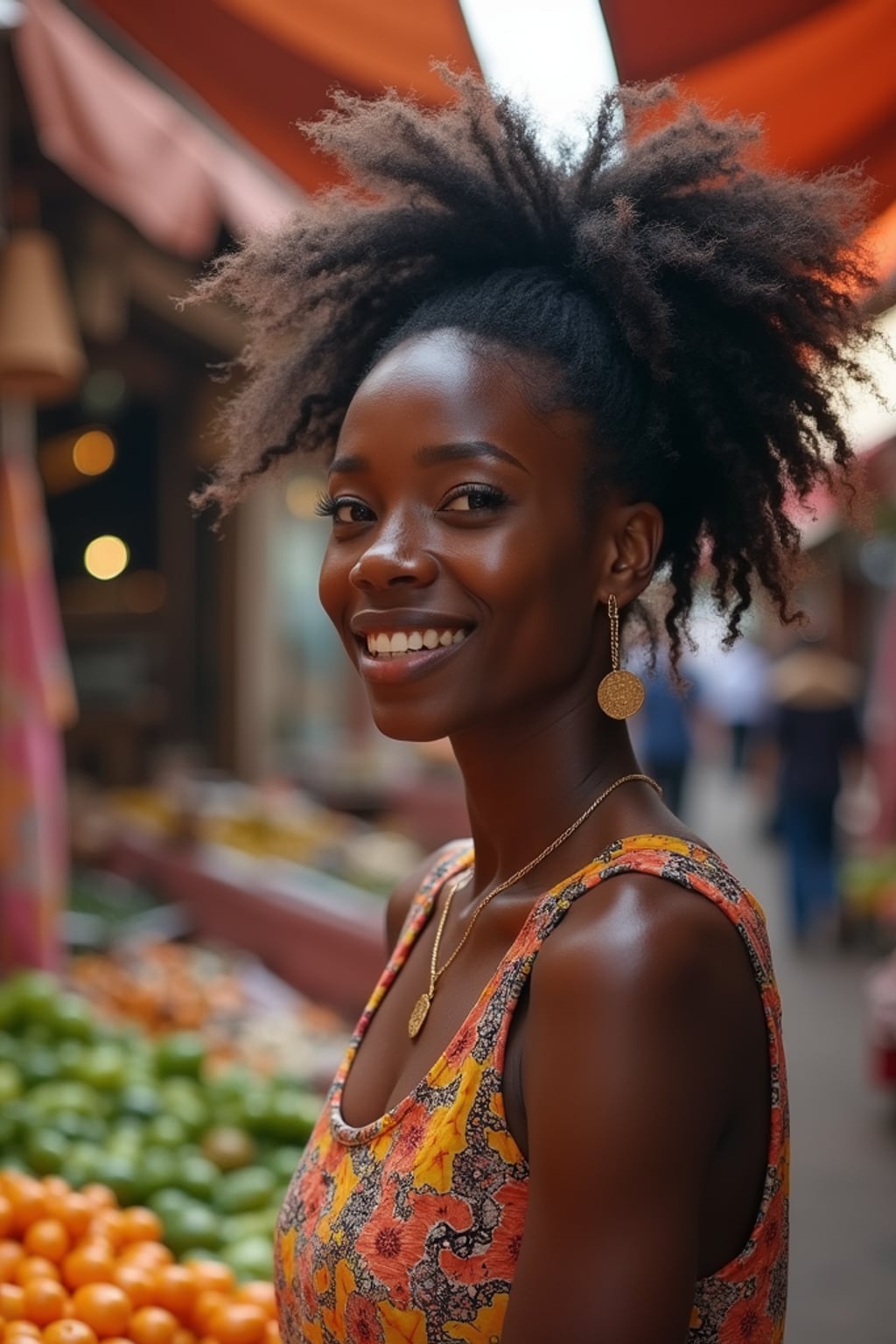 wanderlust  feminine woman browsing stalls in a bustling local market