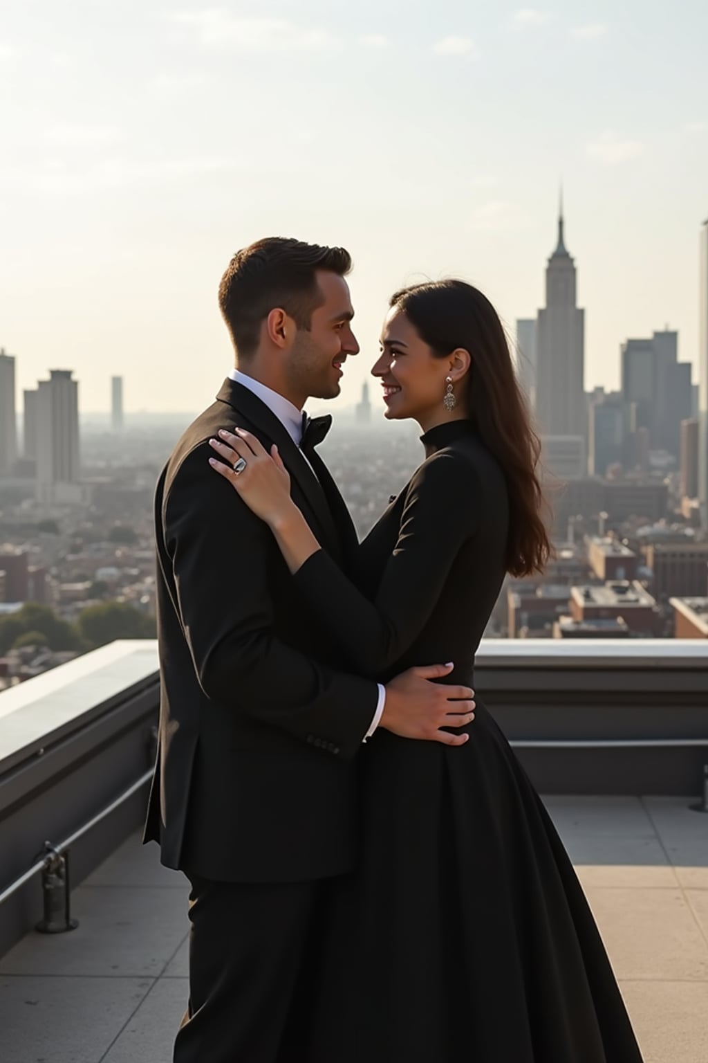 Luxury engagement photoshoot in a cityscape.  Wearing a tailored suit . Standing on a rooftop with a skyline view, high-end engagement photography.
