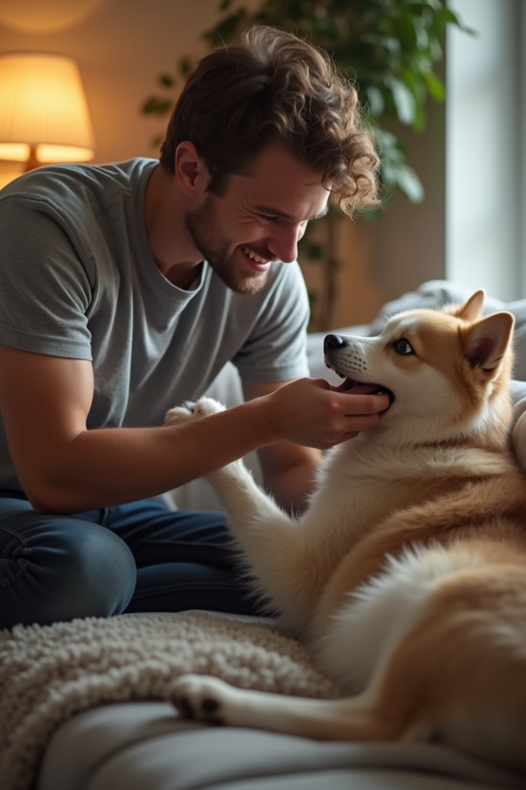 friendly masculine  man playing with a dog or cat in a homey living room