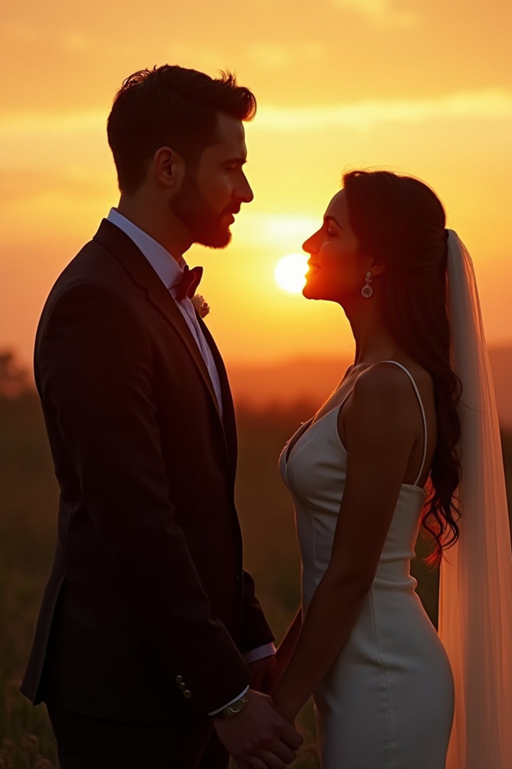 Romantic pre-wedding photoshoot at golden hour.  Wearing a stylish suit . Holding hands, looking into each other’s eyes, dreamy sunset background.