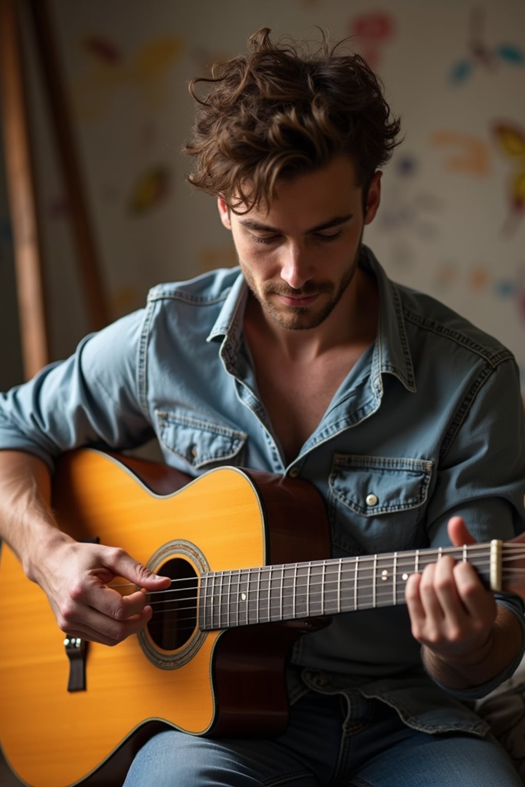 creative masculine  man practicing a personal passion—playing guitar, painting, or crafting