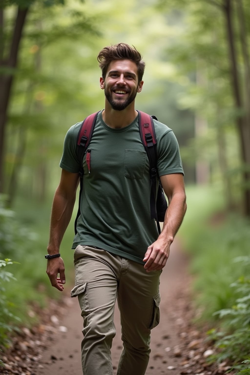 adventurous masculine  man taking a casual hike in a nearby nature trail