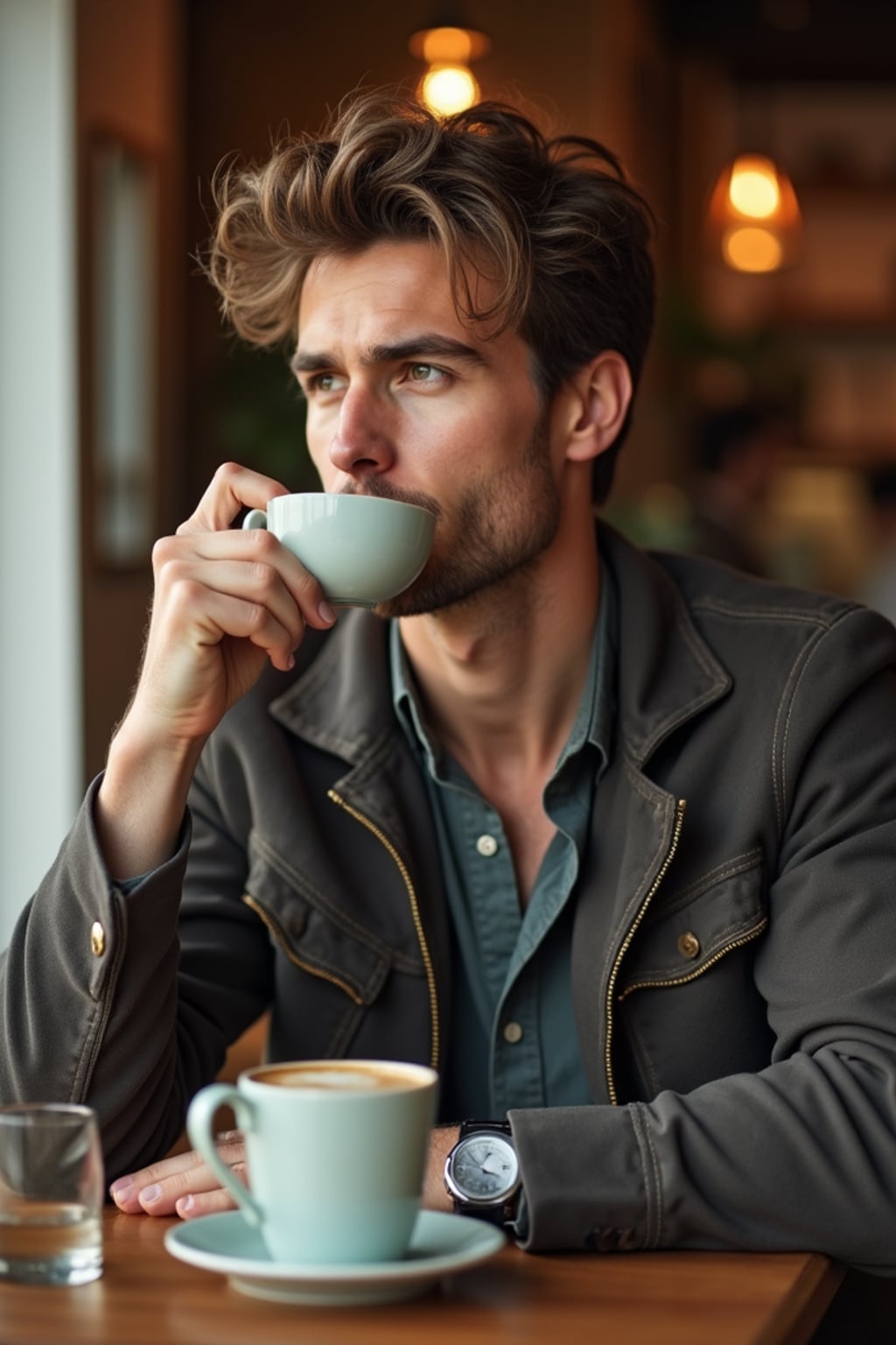 warm masculine  man enjoying a quiet coffee at a cozy café