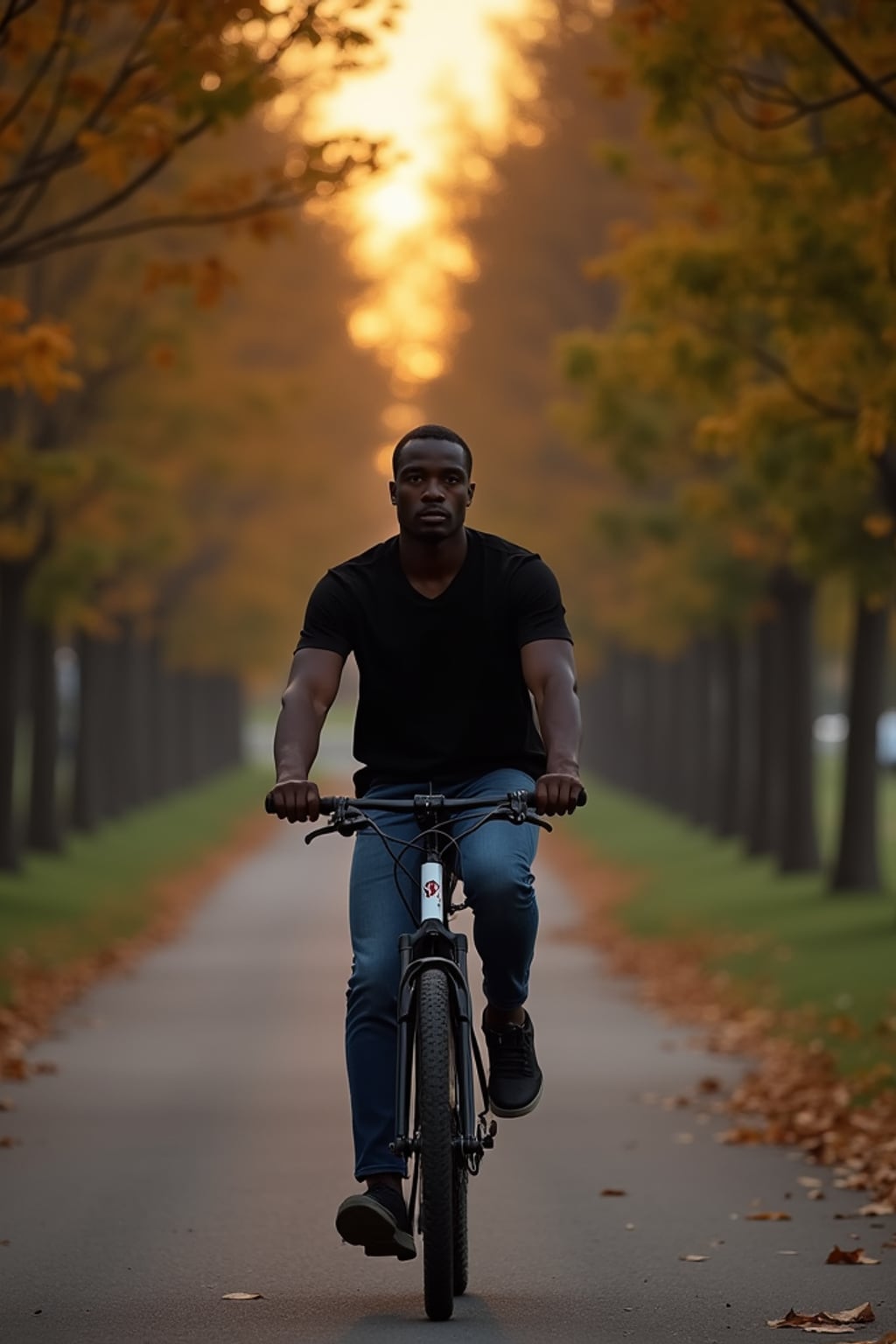 engaging masculine  man taking a bike ride on a tree-lined pathway at dusk
