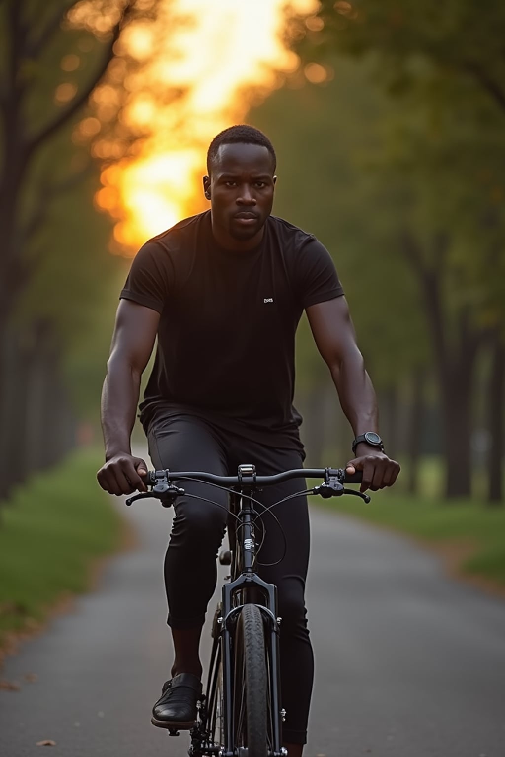 engaging masculine  man taking a bike ride on a tree-lined pathway at dusk