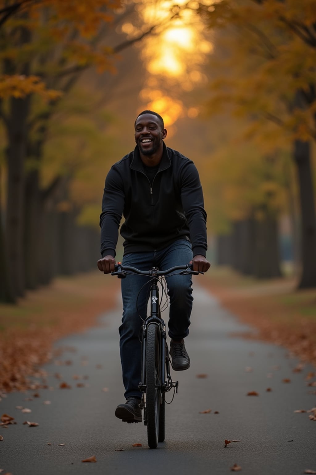 engaging masculine  man taking a bike ride on a tree-lined pathway at dusk