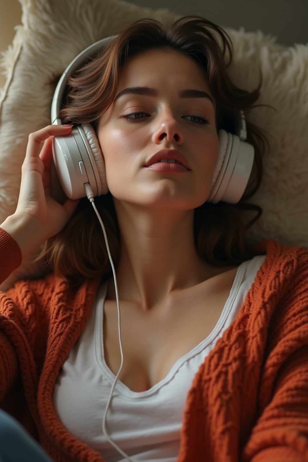 music-enthusiast  feminine woman relaxing with headphones, exploring new tunes