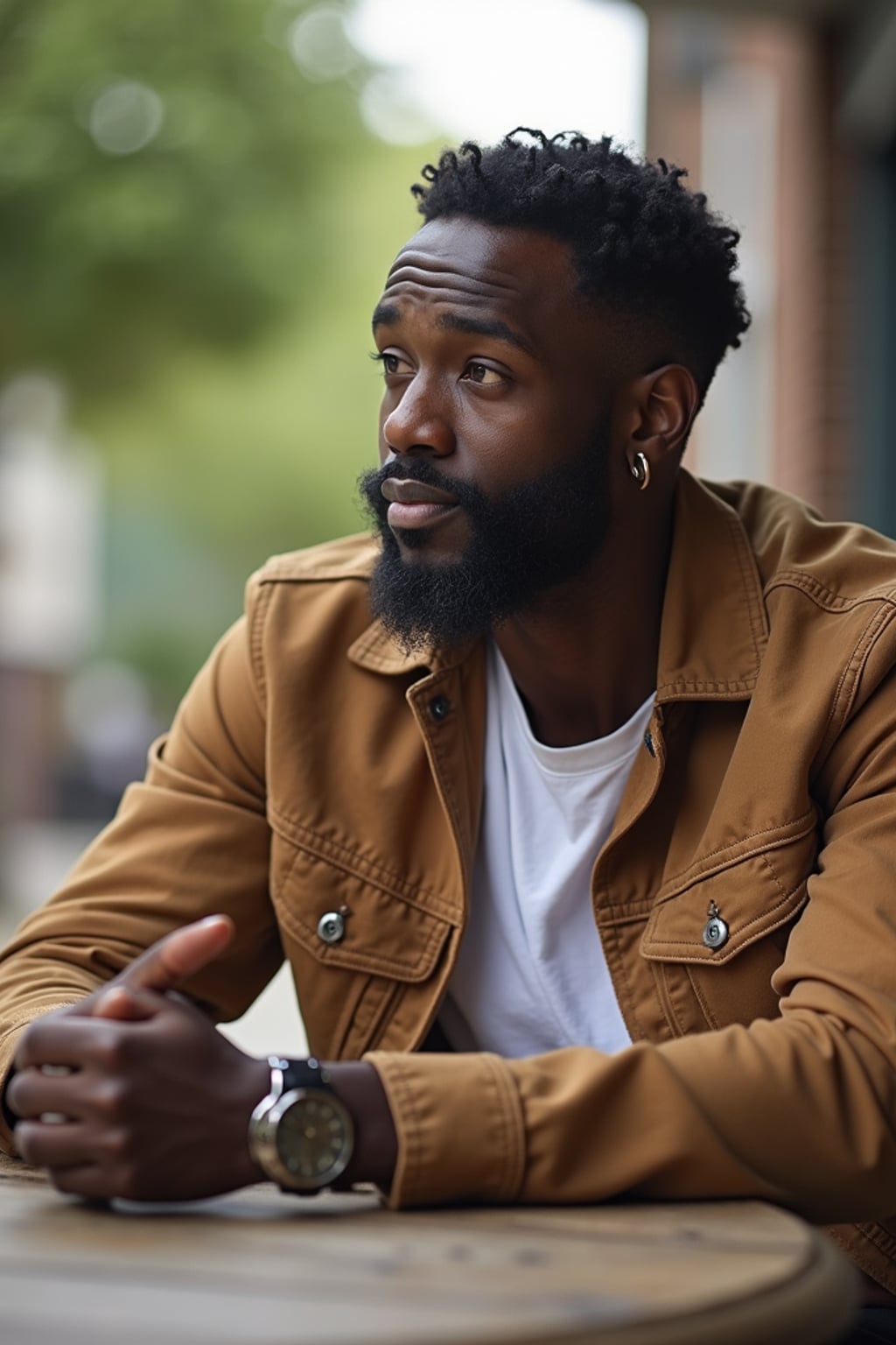 laid-back masculine  man chatting with a friend at a casual outdoor table